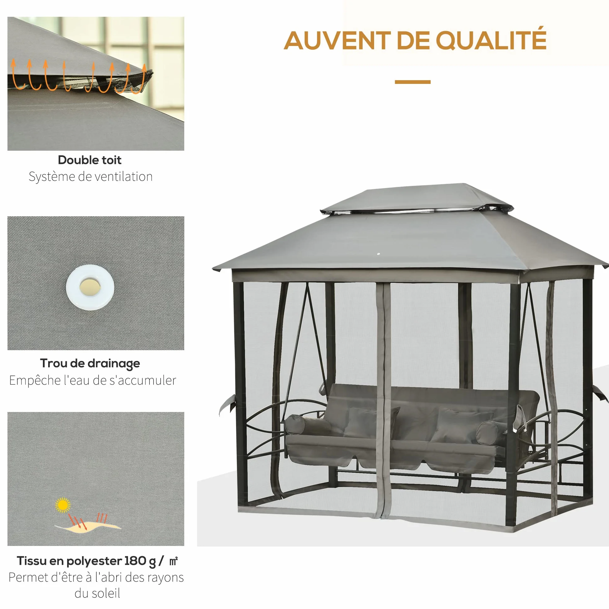 Outsunny Balancelle de Jardin 3 Places Convertible Colonial 5 Coussins + Matelas + Moustiquaire 2,56L x 1,72l x 2,48H Gris