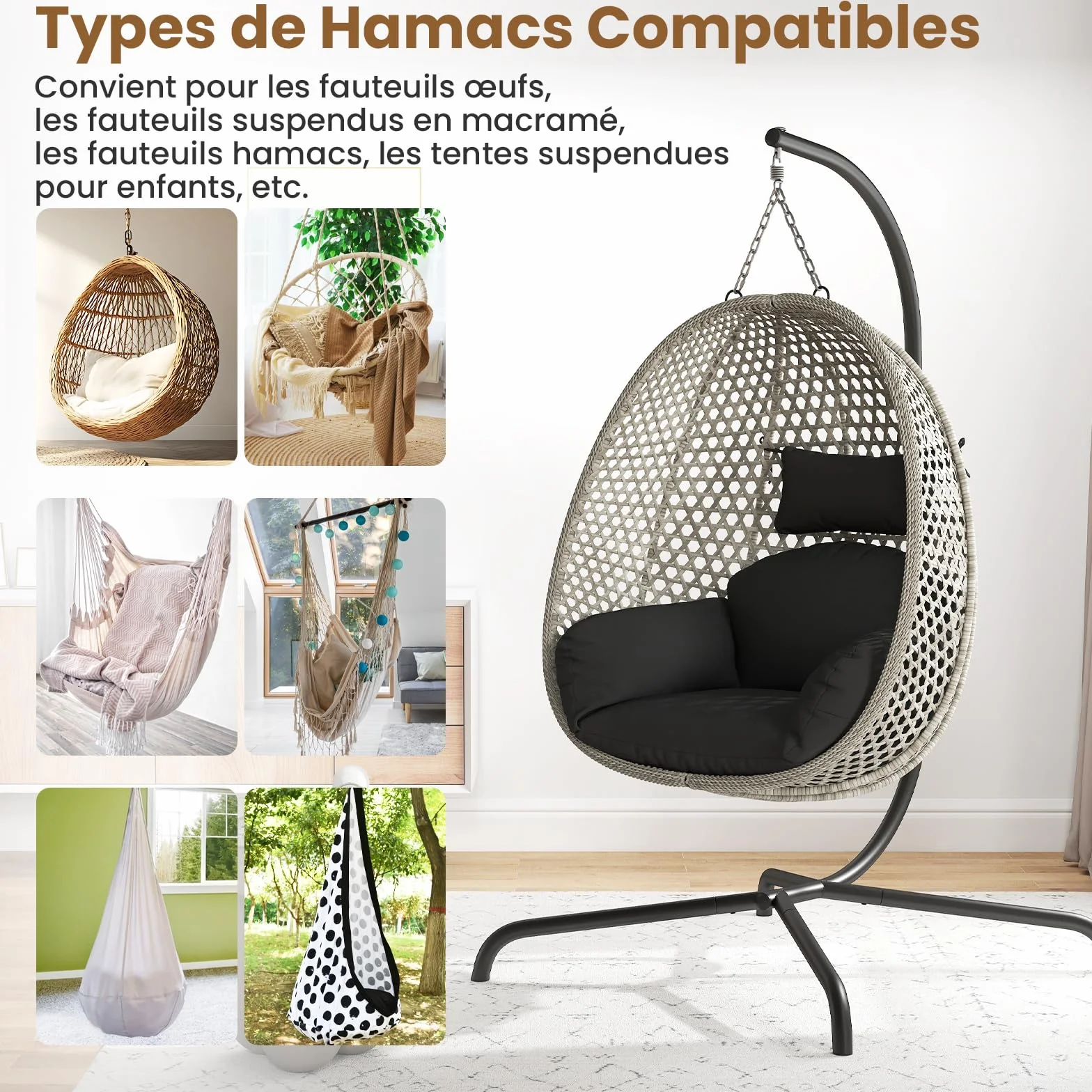 GOPLUS Support Hamac Exterieur Métal Robuste Pied Fauteuil Suspendu Forme C Crochets Ressort Charge 180 KG Jardin Balcon
