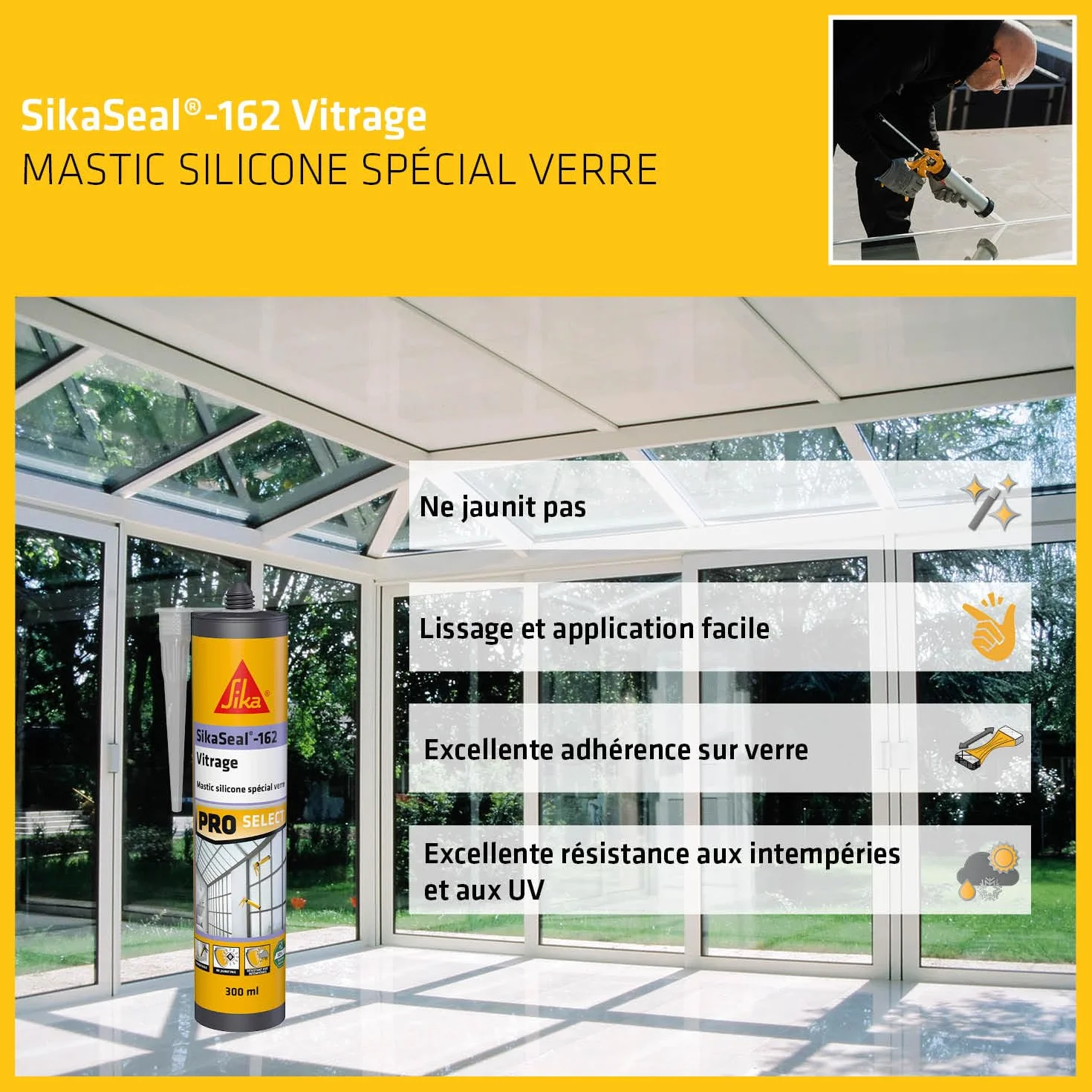 SIKA - Mastic silicone spécial verre - SikaSeal-162 Vitrage transparent - Étanchéité des vitrages, verrières, serres - Intérieur et extérieur - 300 ml