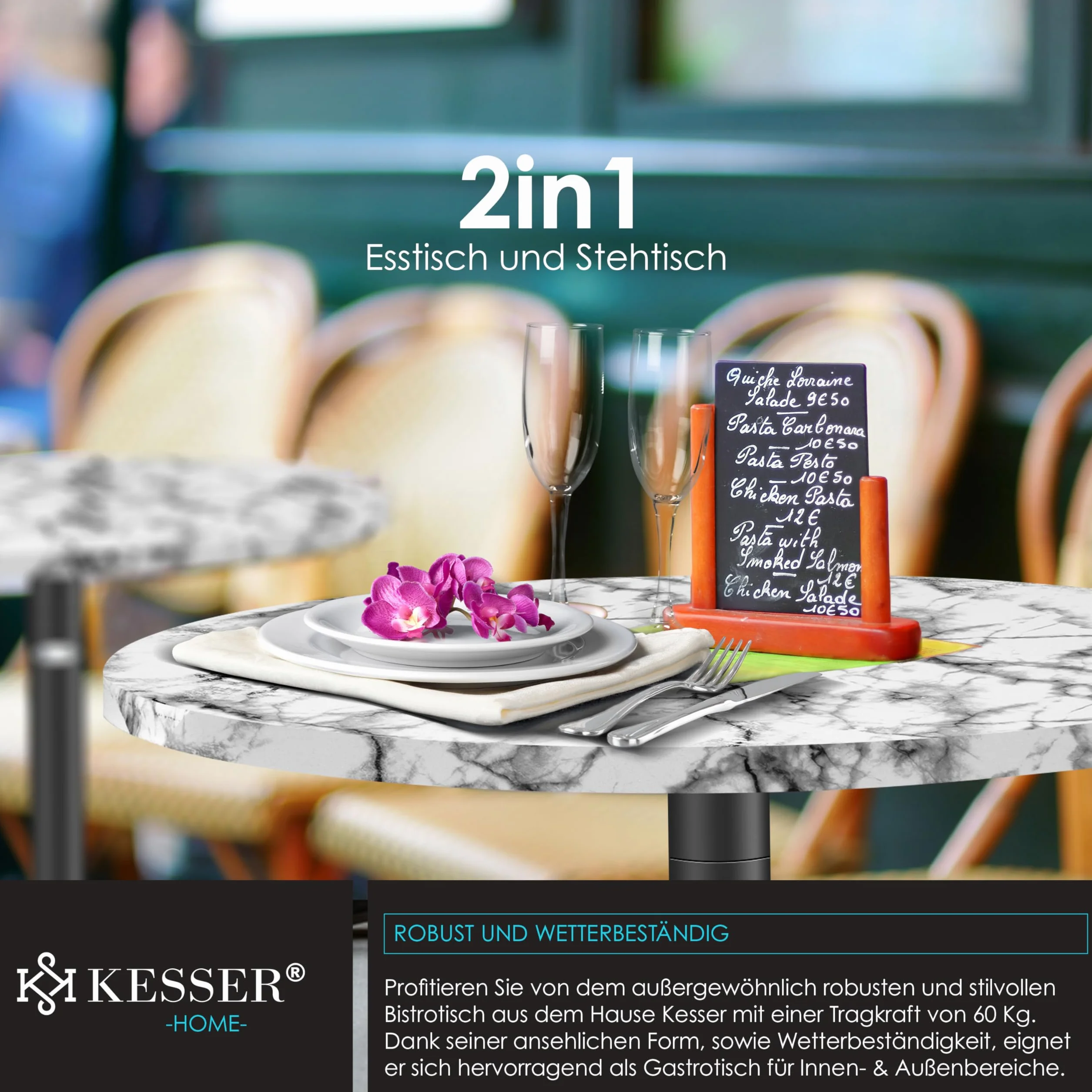 KESSER Table de bistrot pliable 2 en 1 - Plateau aluminium acier inoxydable - Hauteur réglable 70/115 cm - Ø 80 cm - Table pliante intérieur extérieur