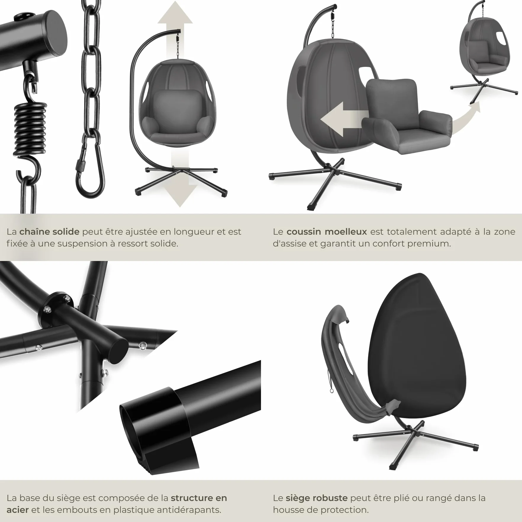 Tectake Fauteuil Suspendu Oeuf Acier Résistant aux Intempéries 160 kg avec Coussins et Housse