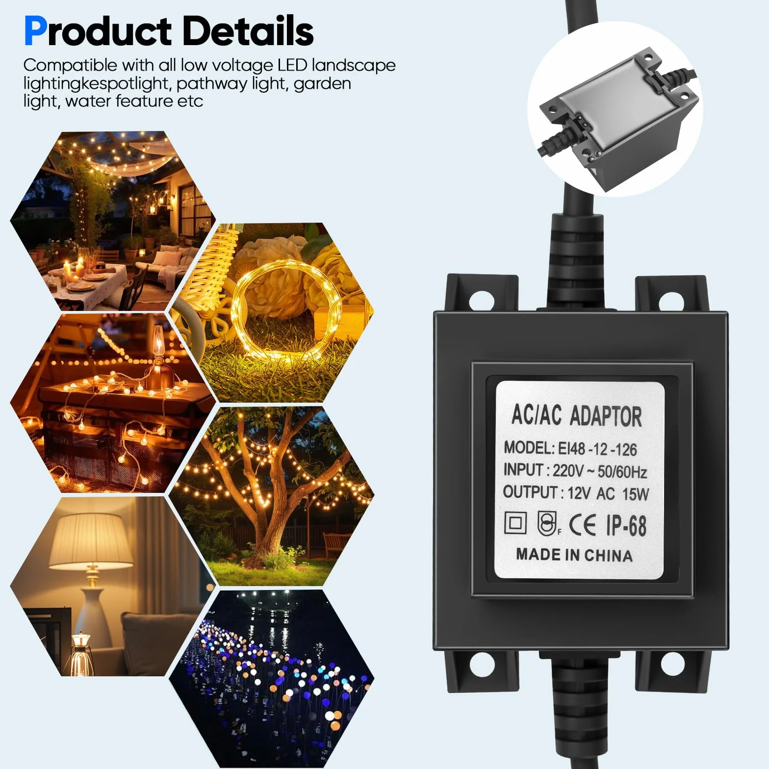 Transformateur 220V 12V AC/AC, Adaptateur LED Transfo 15W 1.25A, Alimentation Étanche IP68 pour Éclairage de Jardin, Fontaine, et Piscine