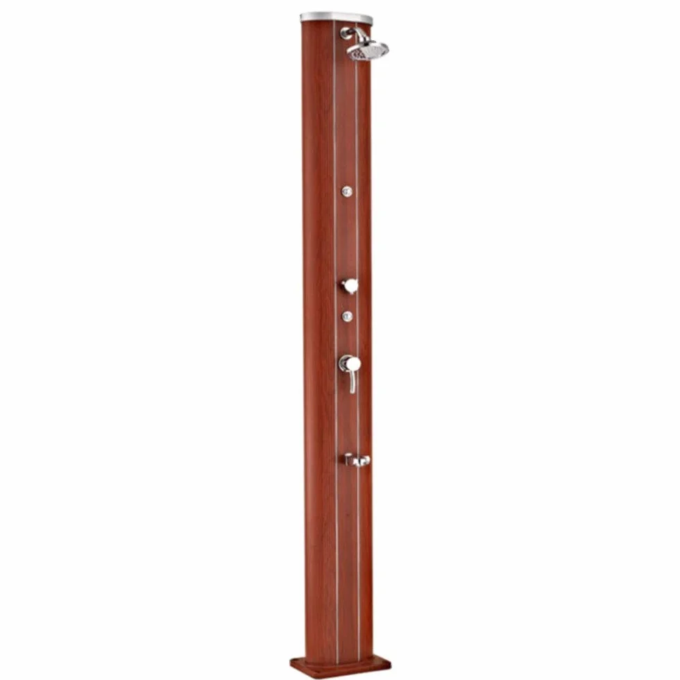 O'CLAIR Douche Solaire Droite alu Aspect Bois 40 l avec rince-Pieds et brumisateur