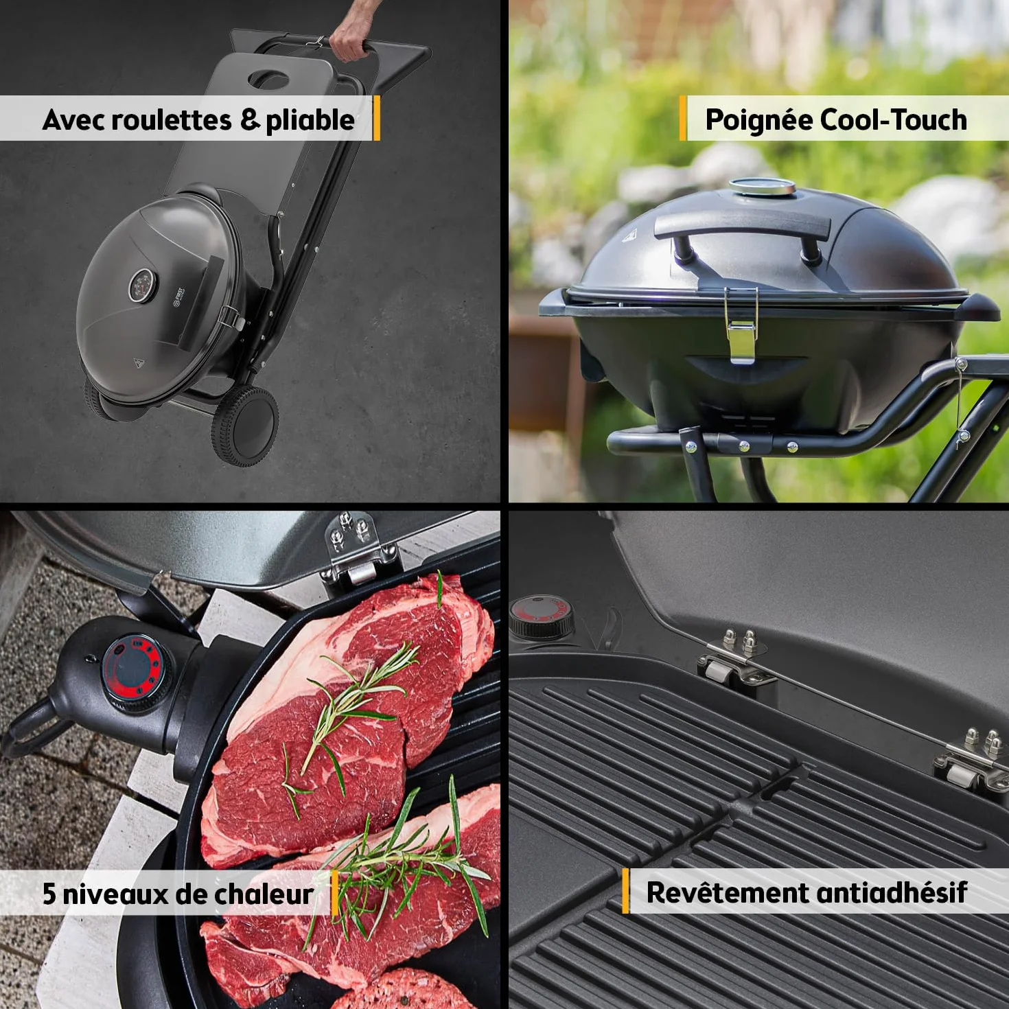 TZS First Austria Barbecue électrique 2 en 1 2400W BBQ pliable gril sphérique avec thermomètre