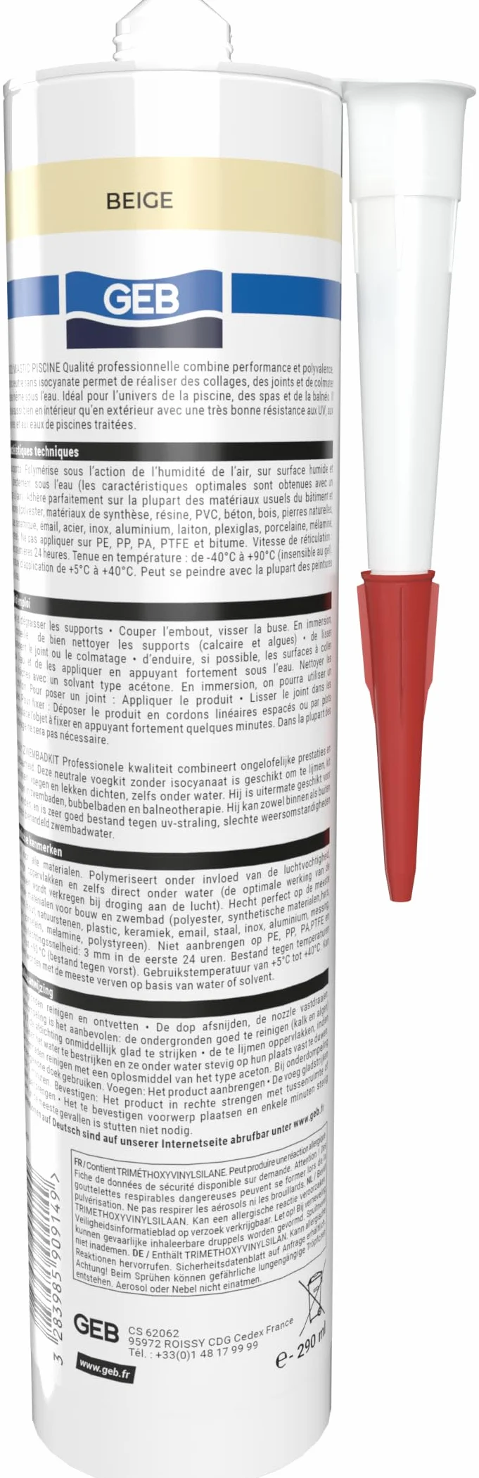 GEB Mastic étanche spécial piscine Beige 290 ml pour coller, jointoyer et réparer même sous l'eau des éléments de piscine, carrelage, mosaïque, margelle, projecteur, bonde