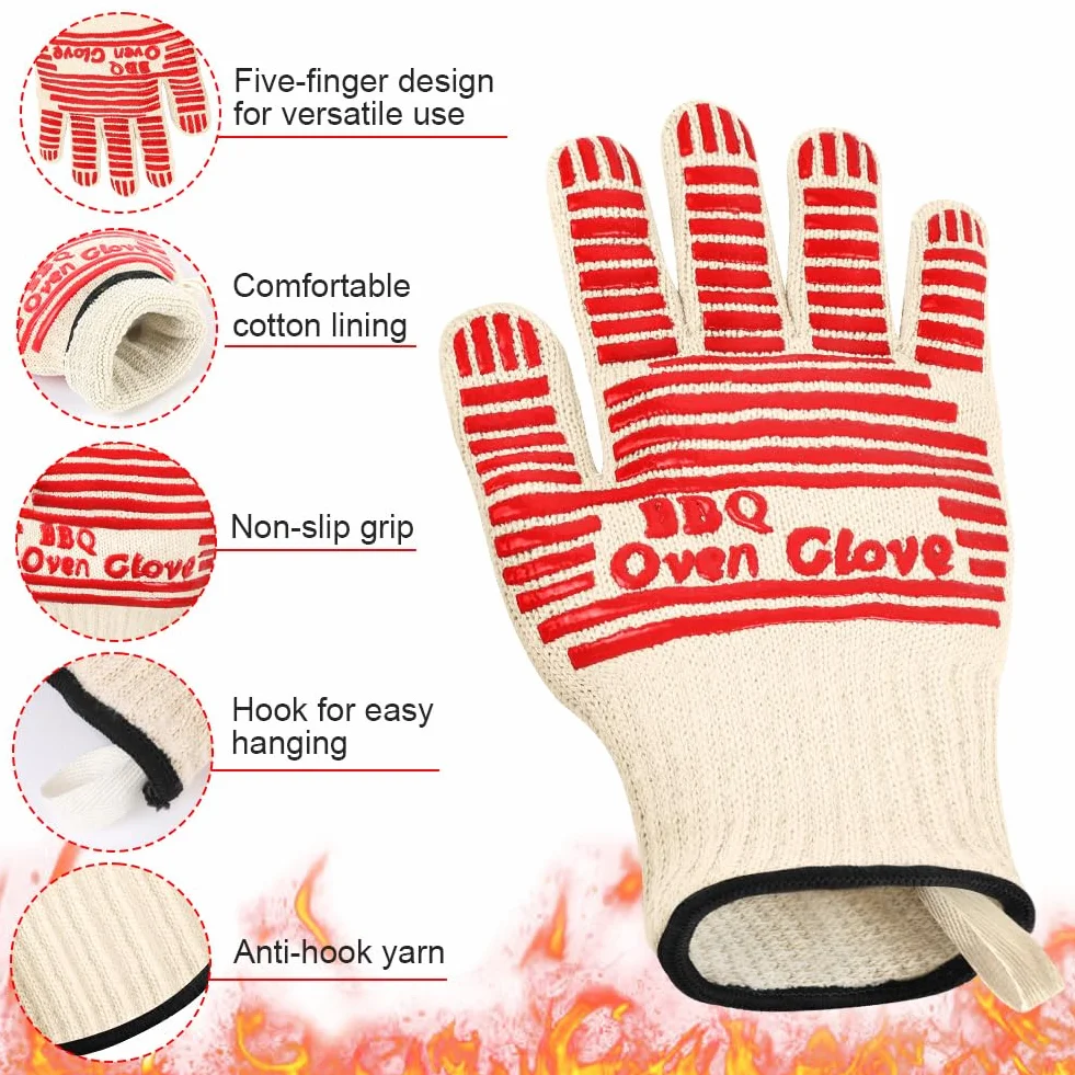 AUAUY Gants de Cuisine Silicone Anti Chaleur 500°C Antidérapants Barbecue 27cm Rouge
