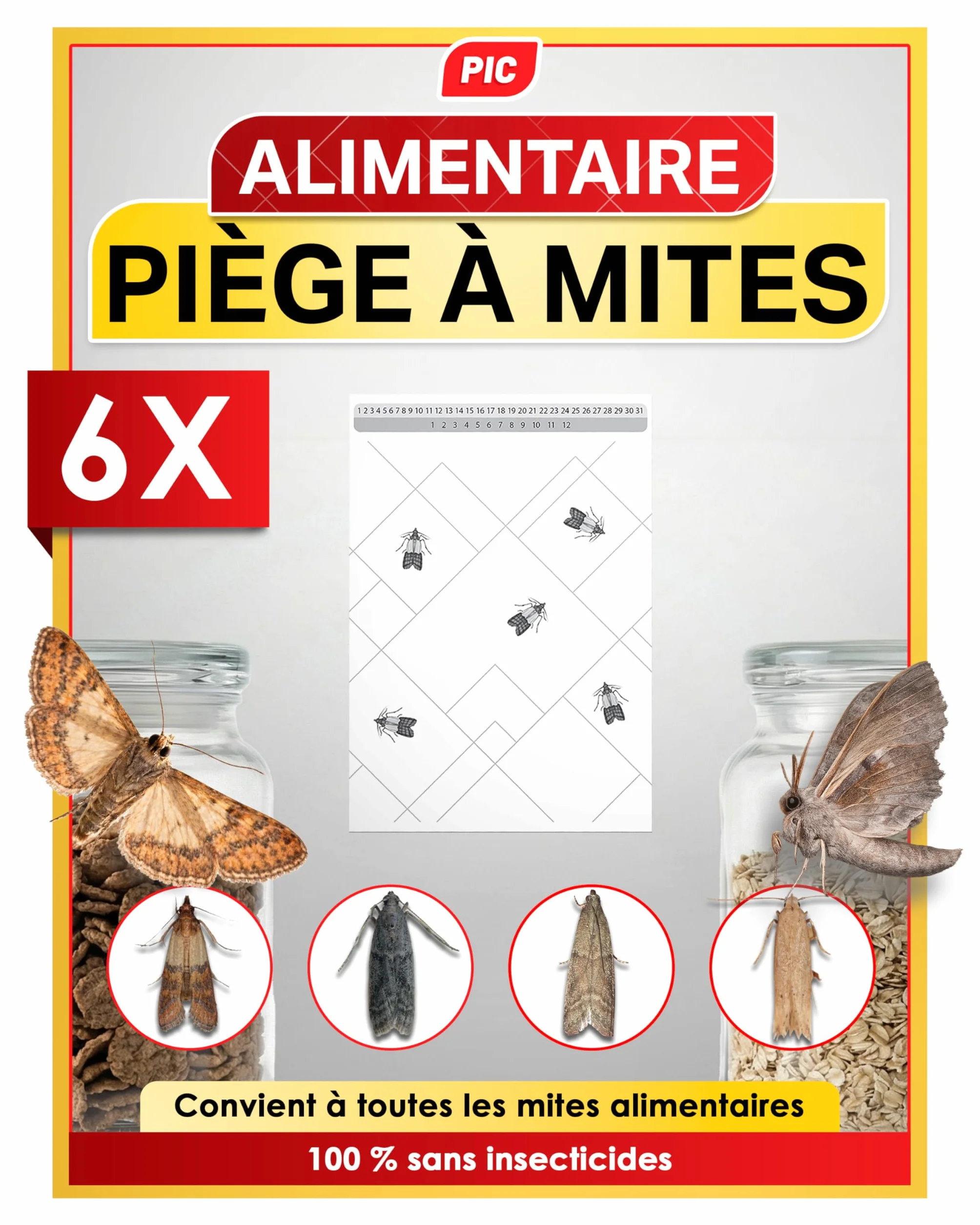 PIC Pièges à Mites Alimentaires 6 Pièges Anti Mites avec Phéromones pour Cuisine Placard Garde-Manger Protection 8 Semaines