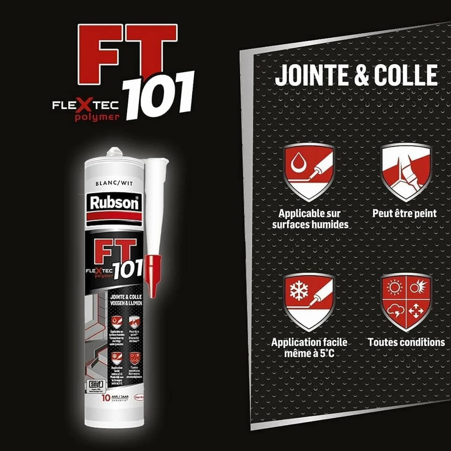 Rubson Mastic FT 101 Joint Fissure et Colle Noir (cartouche 280 ml) – Mastic polyvalent tous matériaux – Étanche et résistant