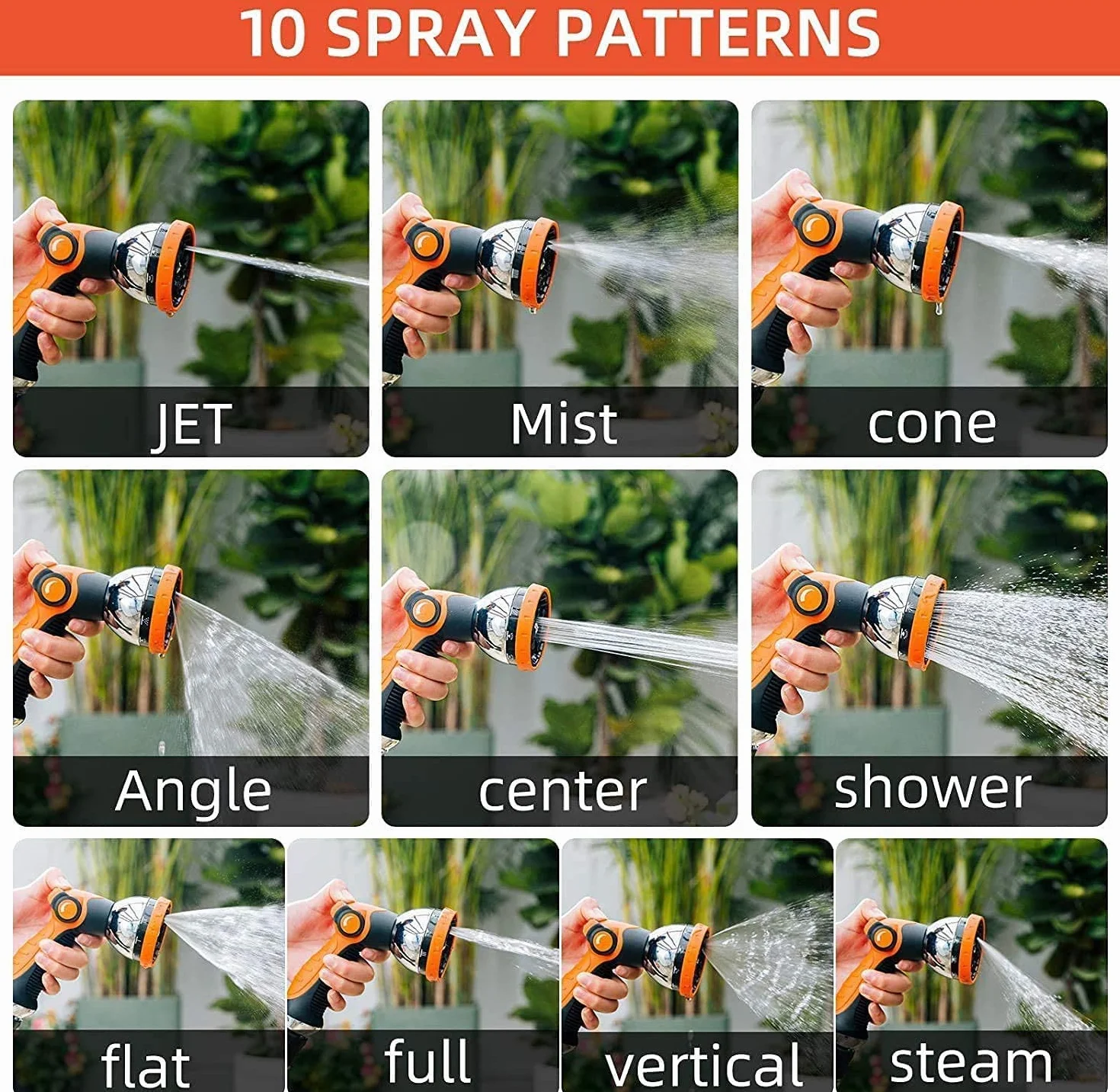 Pistolet d'Arrosage de Jardin Haute Pression 10 Modes Réglable Orange