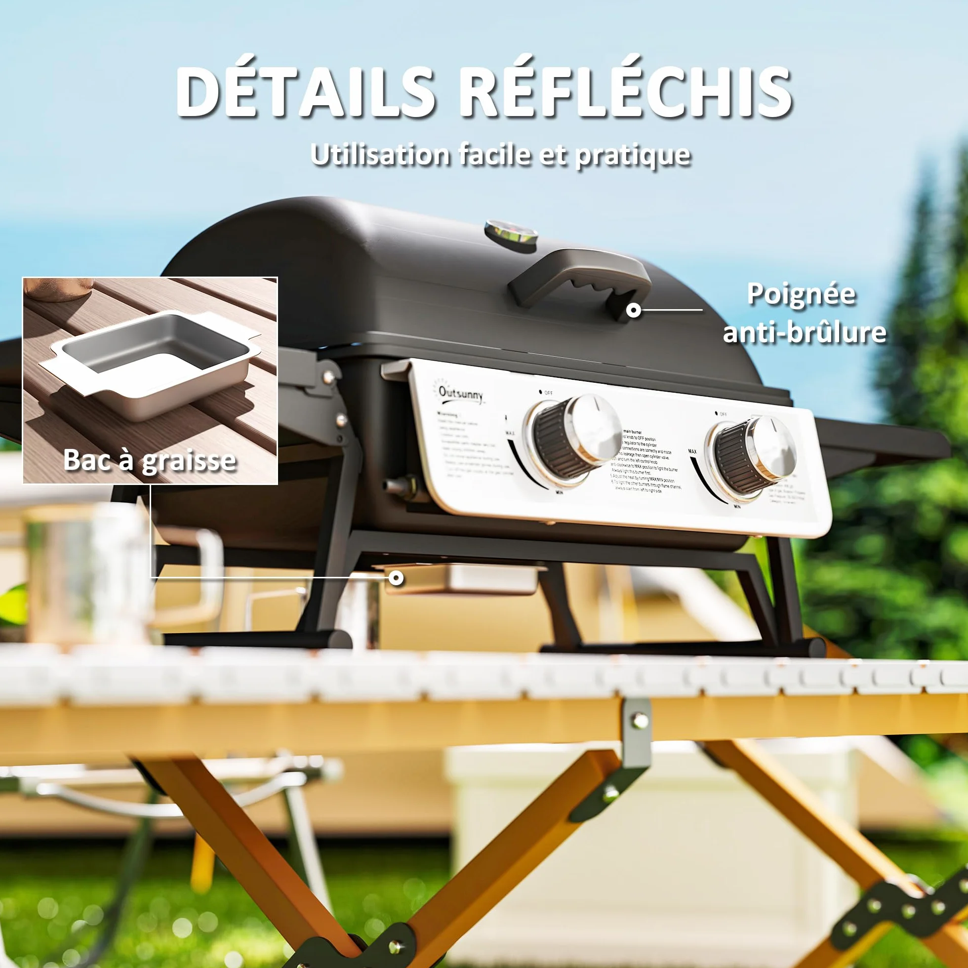 Outsunny Barbecue gaz de table transportable 2 brûleurs 5,6 kW avec grille de cuisson noir