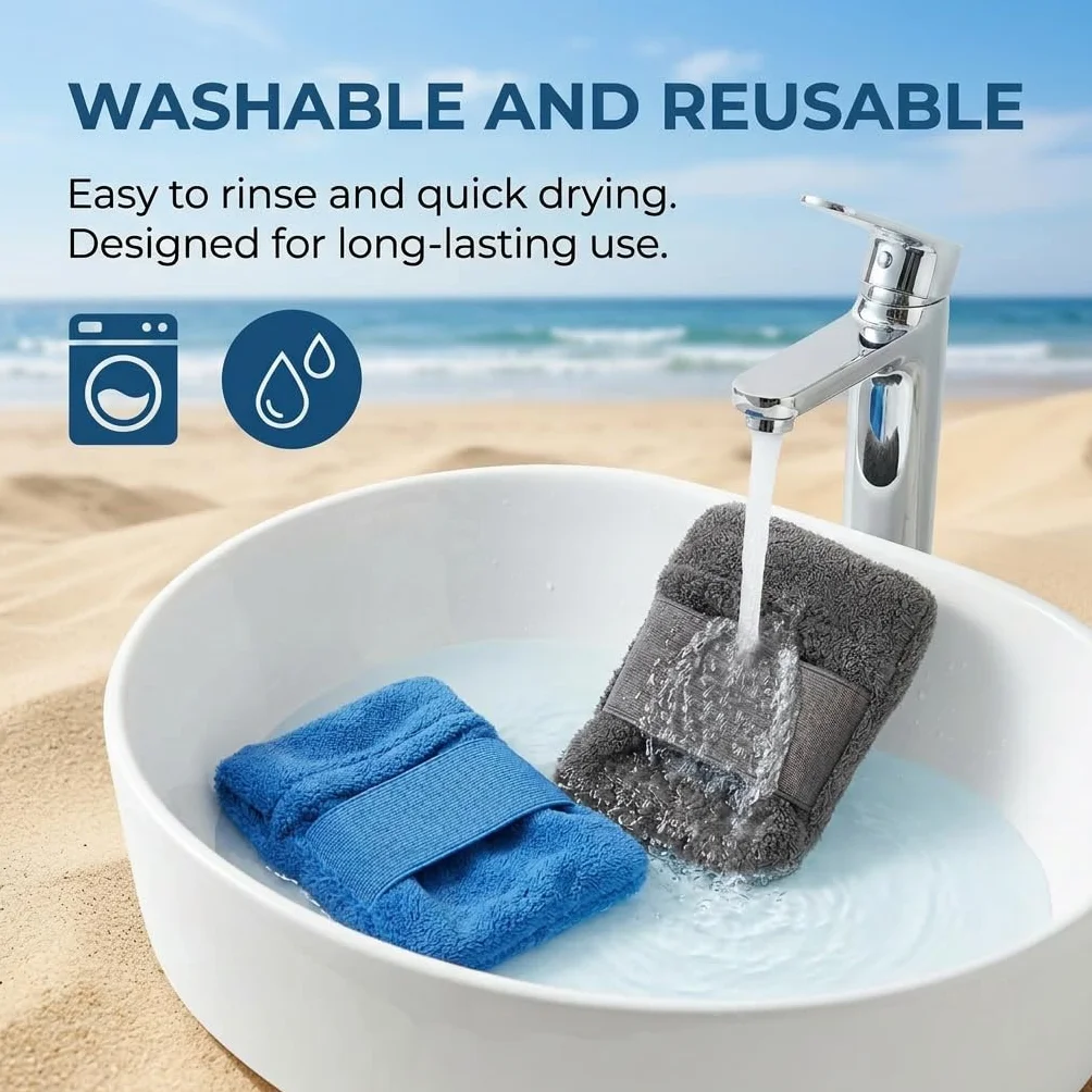 Ensemble 2 Pièces pour Éliminer Le Sable de Plage Brosse à Sable avec Gant Doux, Nettoyant à Sable Réutilisable et Sac de Rangement Accessoires de Plage pour Vacances et Camping