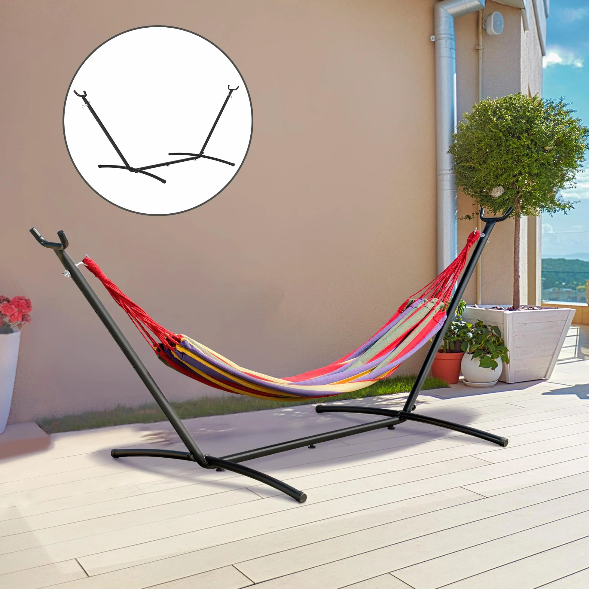 Outsunny Support Pied de hamac métal époxy Noir Hauteur réglable 6 Niveaux 2,80L x 1,17l x 1,10H m