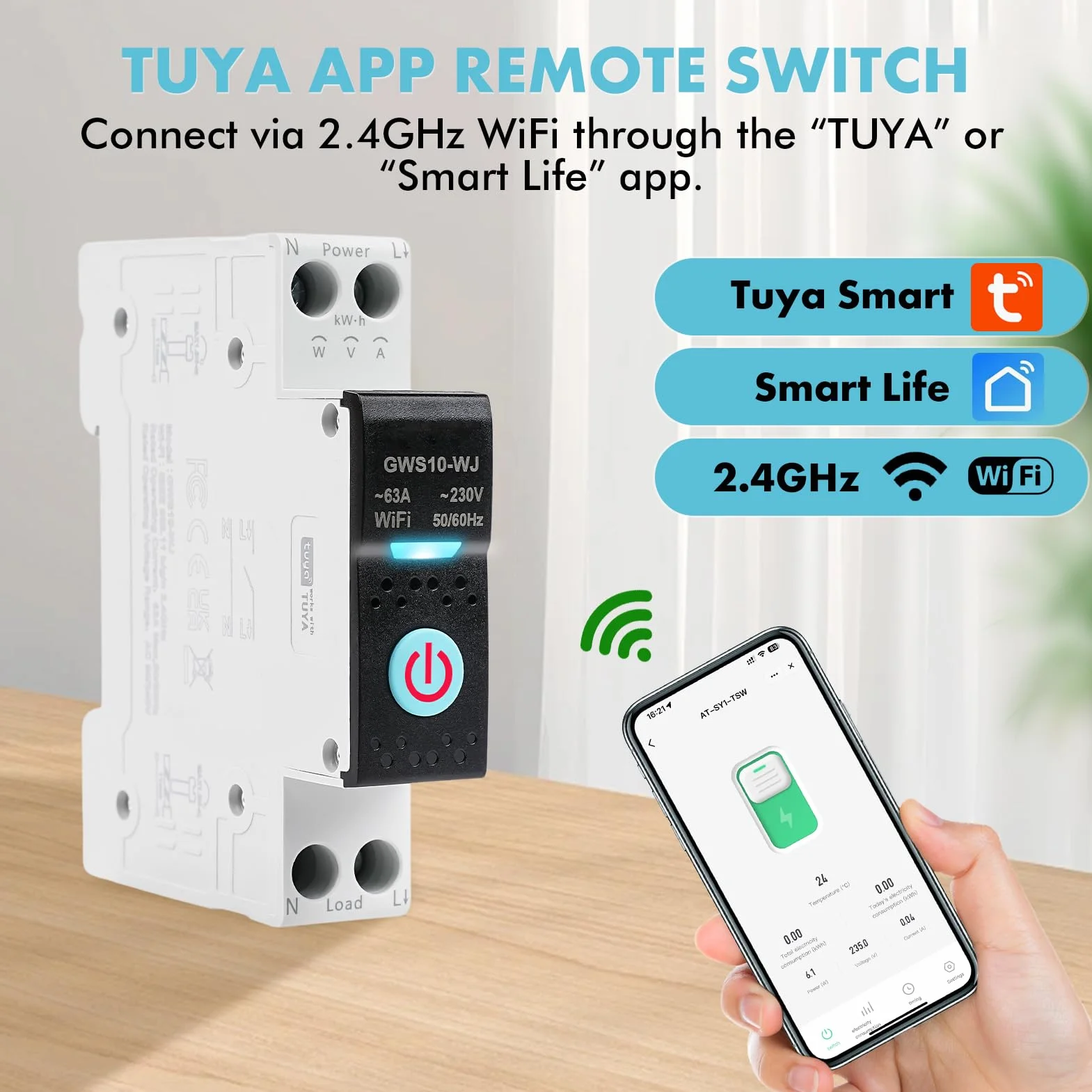Disjoncteur connecté wifi 63A Tuya interrupteur connecté wifi commande vocale Minuterie AC230V Commutateur de télécommande Mesure Intelligent Compatible avec Alexa et Google Home GWS10-WJ