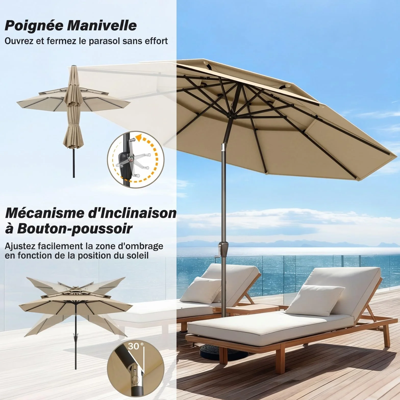 Parasol de Jardin 3M Inclinable RELAX4LIFE Toit Ventilé 3 Couches 8 Baleines Manivelle Protection Solaire Terrasse Balcon Beige