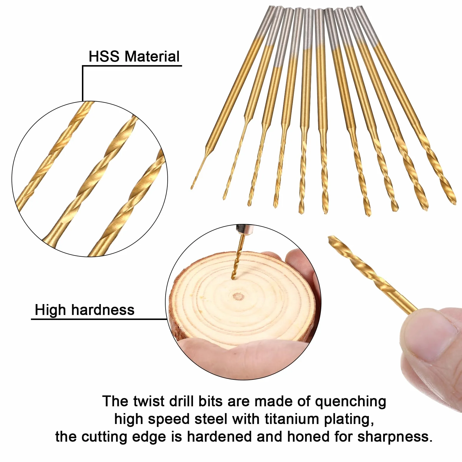HSS Mini Forets Hélicoïdaux 10Pcs 0.6mm-2.2mm Tige 2.35mm Revêtue Titane Gravure Perçage DIY Résine Bijoux