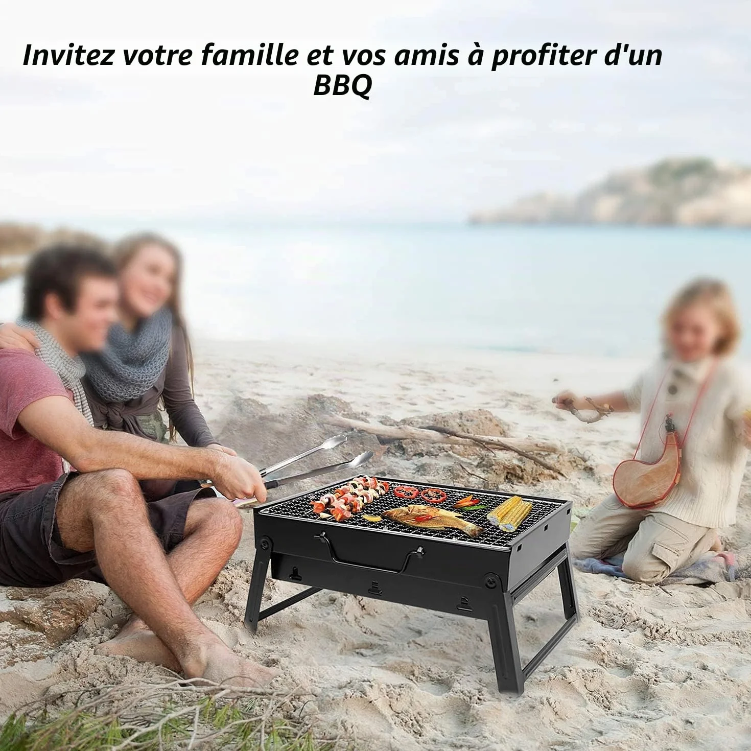 Barbecue à Charbon Pliable 35 x 27 x 19.5 cm Portable Mini BBQ Grill de Table Noir