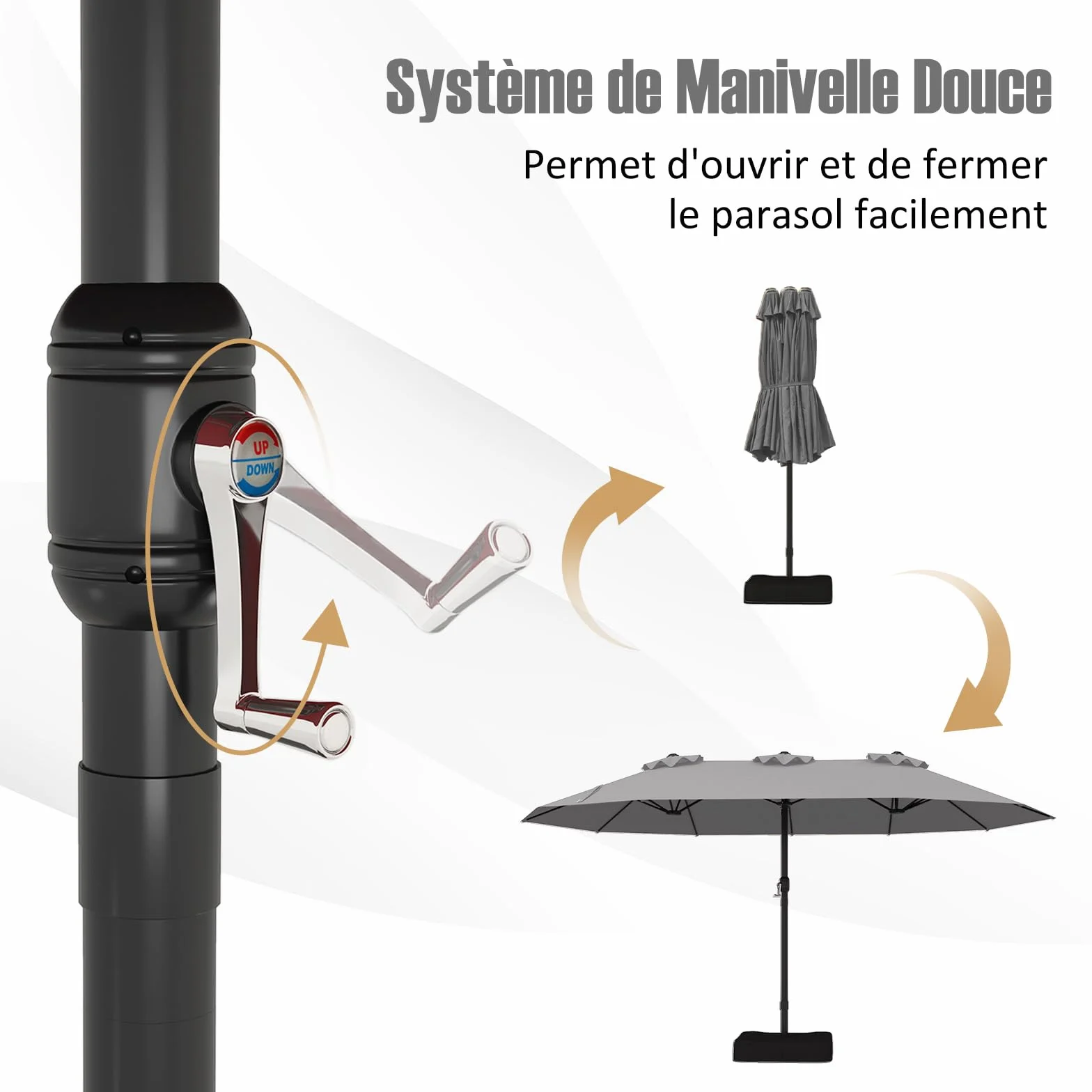 Parasol Double RELAX4LIFE 4,7M avec Pied, Manivelle, 12 Baleines, Base Croix, Protection Solaire Jardin Terrasse Gris