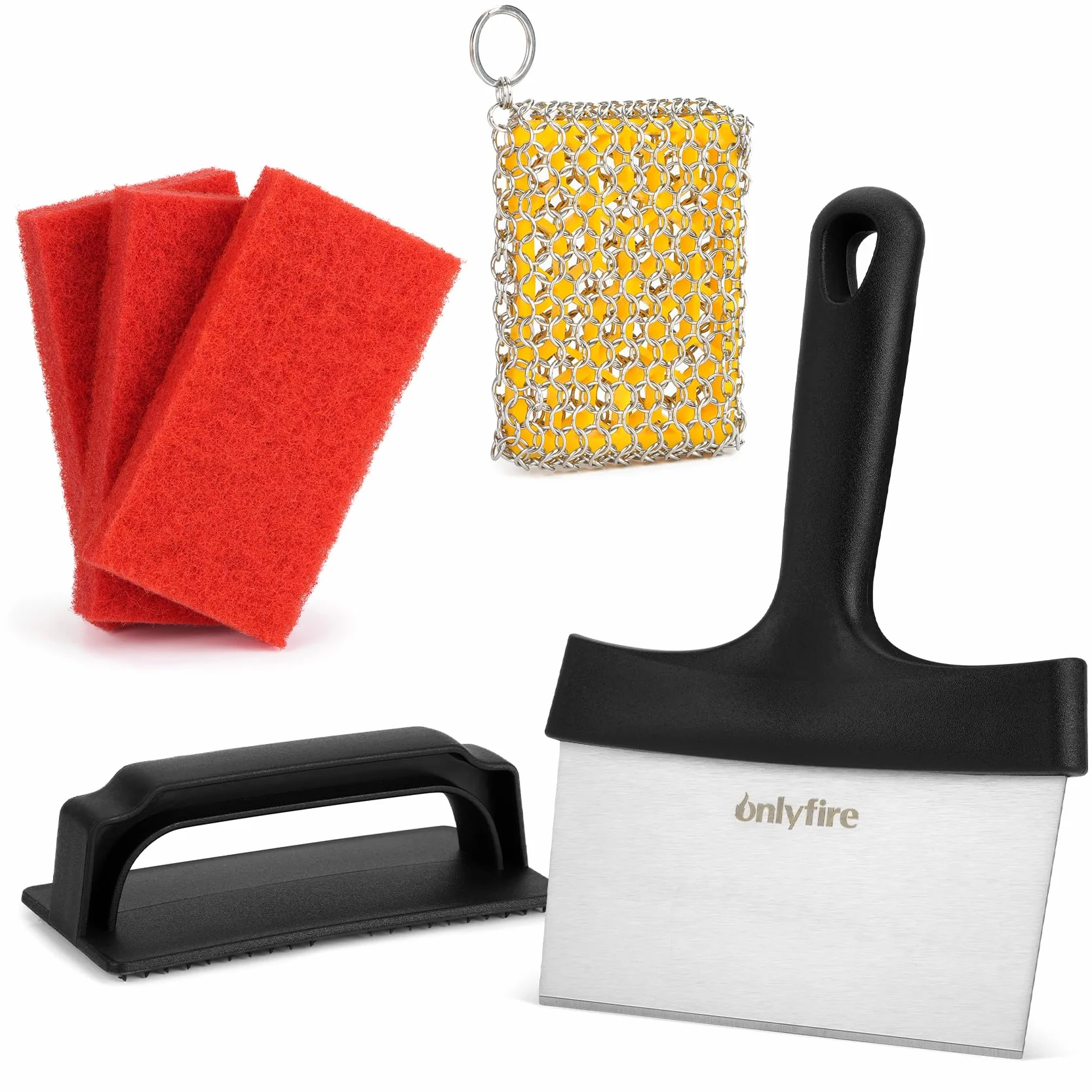 Kit de nettoyage pour poêle et plaque en fonte onlyfire - grattoir plancha INOX professionnel, éponge maille INOX, éponges nettoyantes et poignée