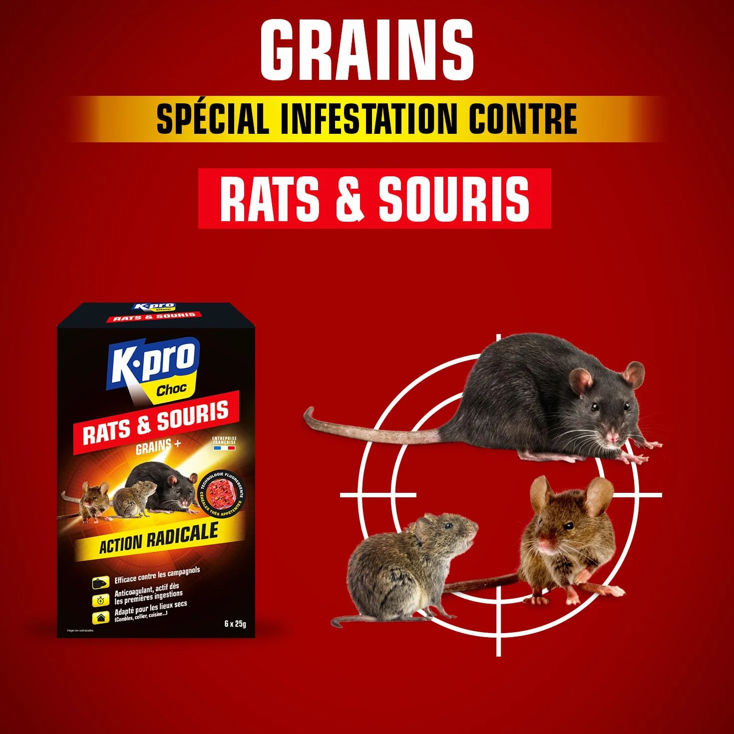 K.PRO Grains Anti Rats Souris Campagnols Action Rapide 6 sachets 25g 150g