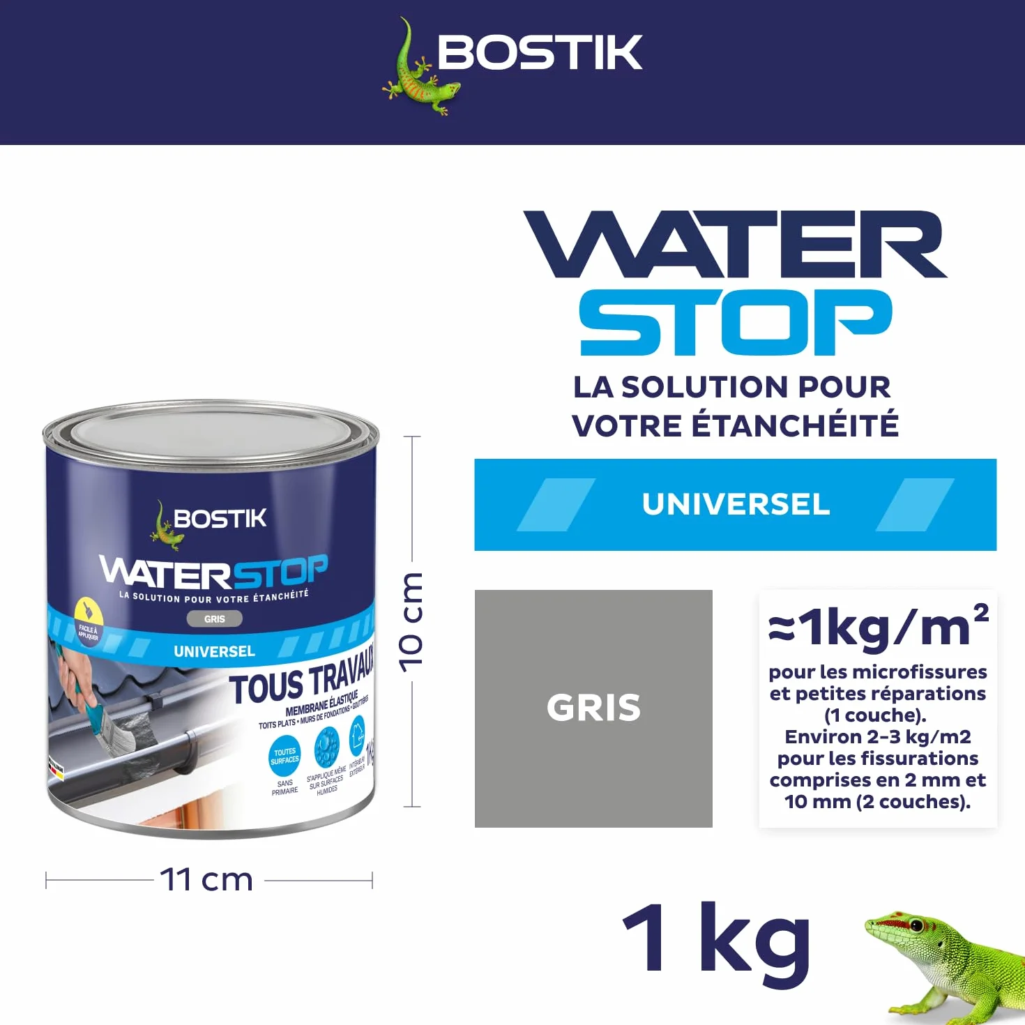 Bostik Waterstop Gris 1 kg – Membrane d’Étanchéité Toiture, Gouttières & Murs – Répare Fuites, Infiltrations & Fissures – Résistant UV & Intempéries