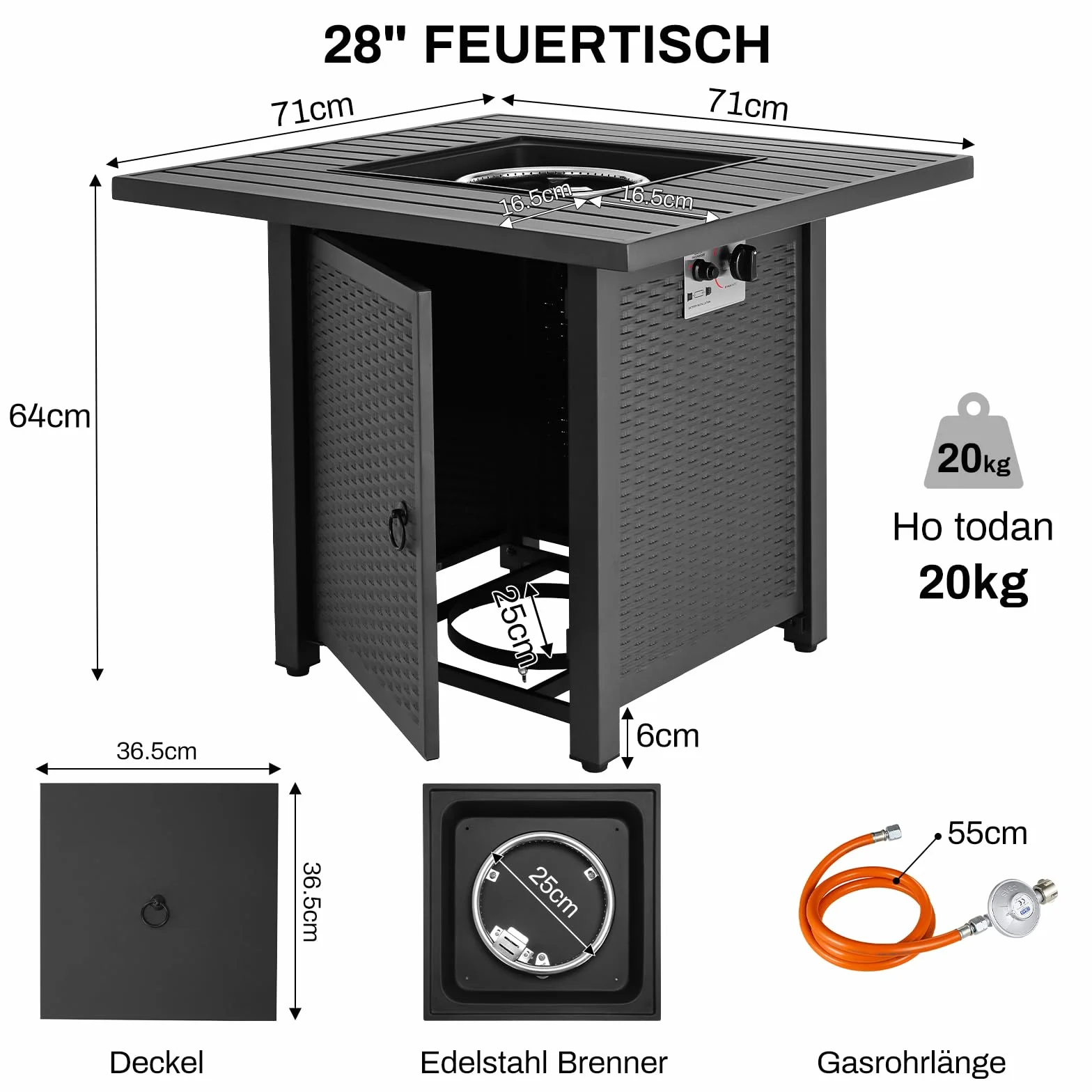 Foyer à Gaz Extérieur 28" Table de Cheminée avec Housse Protection Imperméable Pierres de Lave 72,5 x 72,5 x 67,5 cm