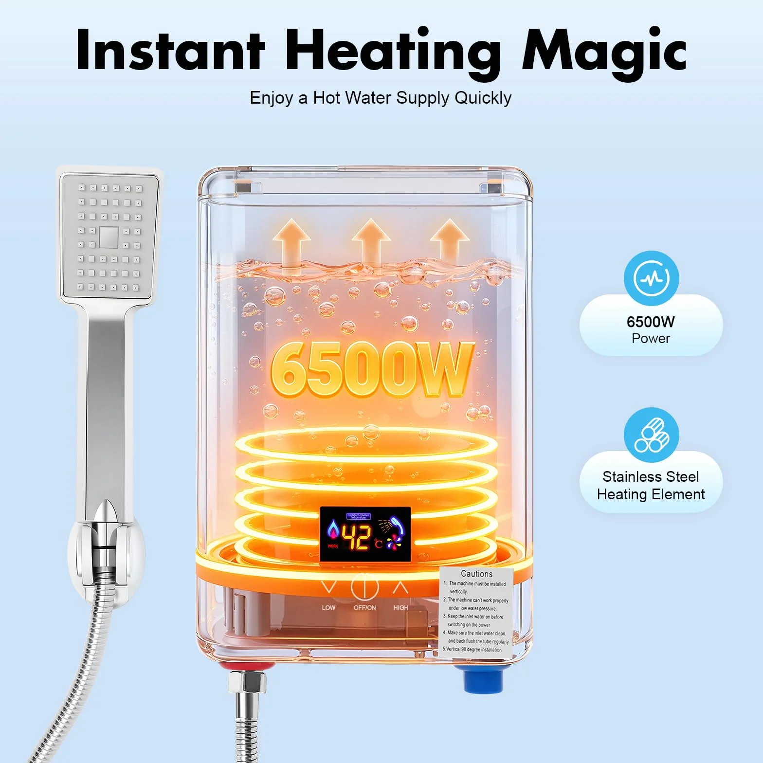 Chauffe-eau de Douche 6500W 220V IPX4 Affichage Numérique Chauffage Instantané