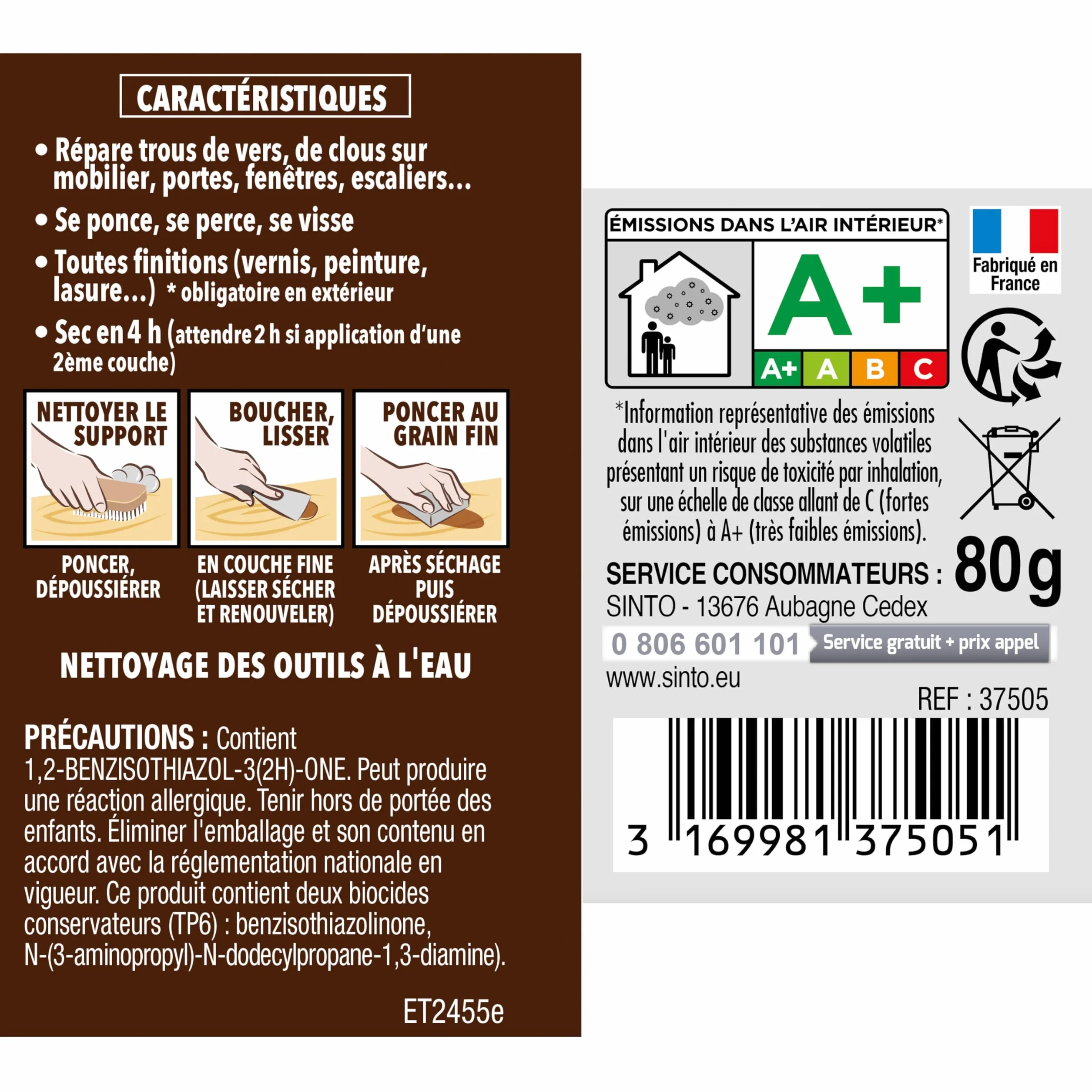 SINTO - Rebouche Petits Trous - Pâtes à Bois Sans Odeur - Prêt à l'Emploi - Sans Solvant - Sec en 4h - Intérieur et Extérieur - Ne se Rétracte pas - Pin - Technique Professionnelle - 80 g
