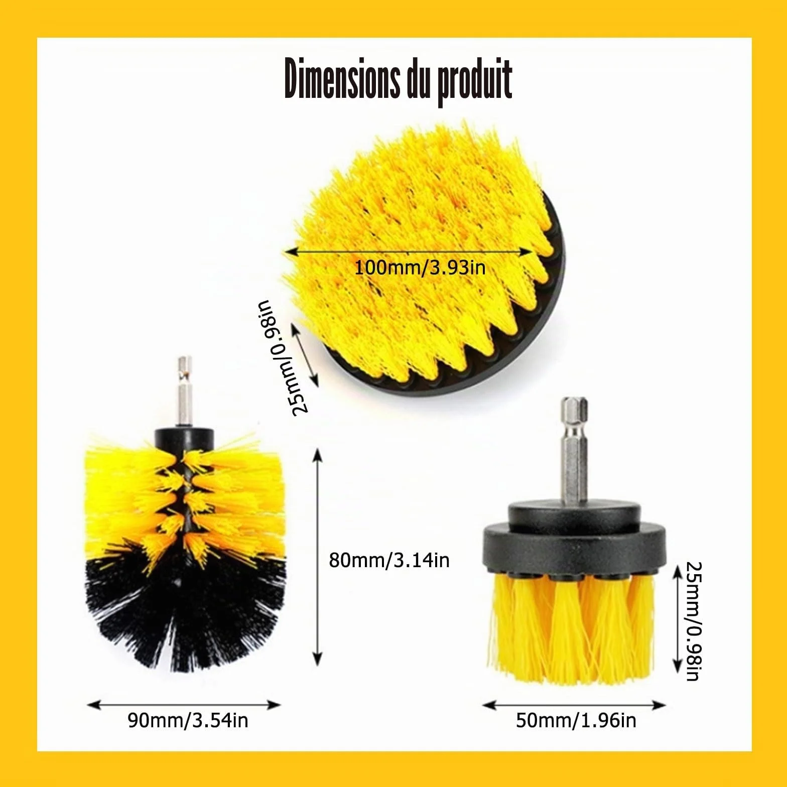 Kit de 3 Brosses pour Perceuse - Nettoyage Profond Voiture, Jantes, Carrelage & Cuisine - Accessoire pour Visseuse/Perceuse avec Têtes Conique, Plate et Ronde