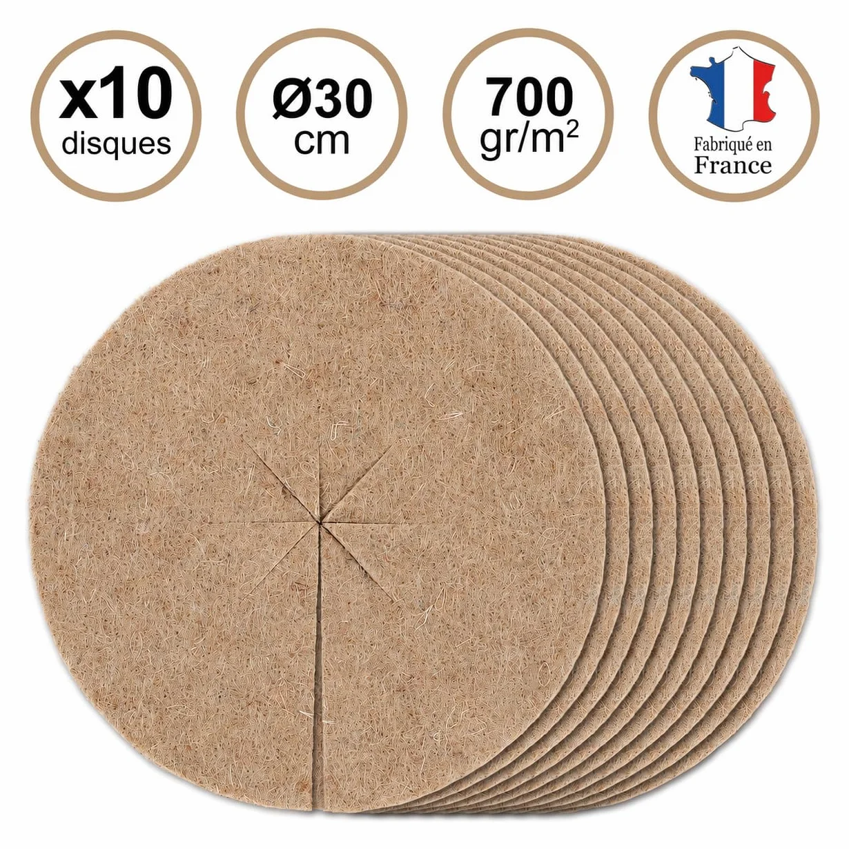 La cordeline Lot de 10 Disques de Paillage Feutre de Jute 700gr/m² 30cm Naturelle