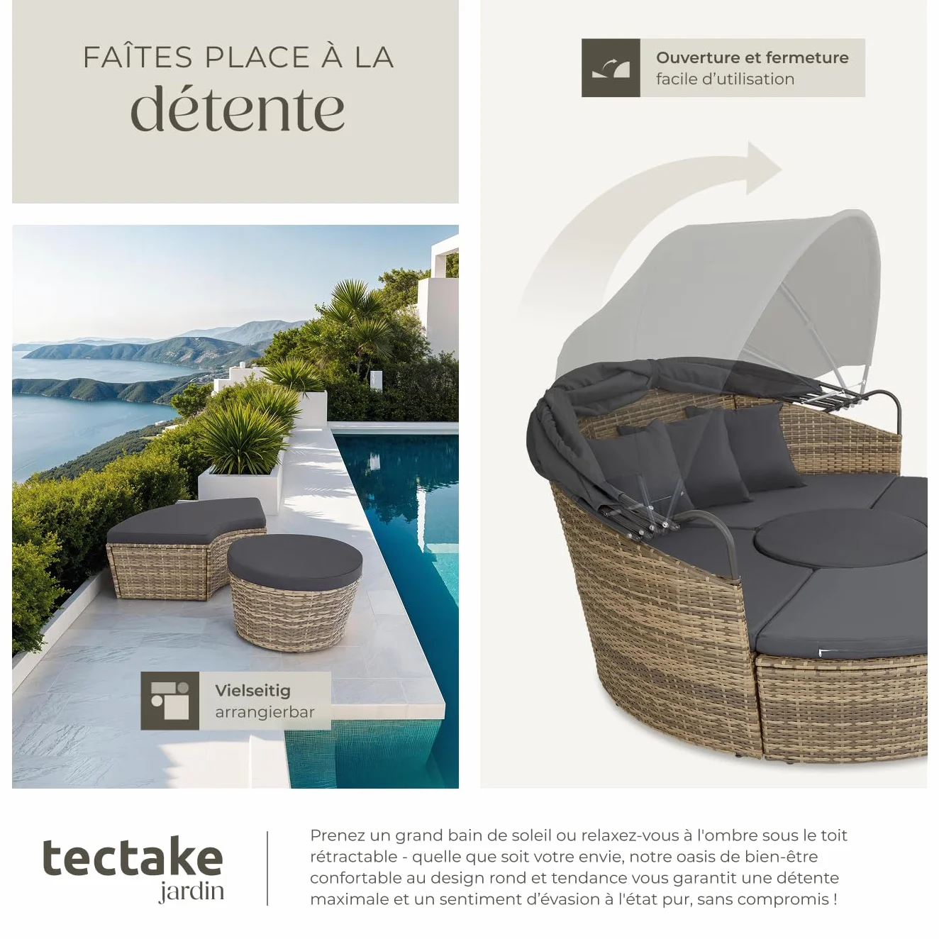 tectake Bain de soleil modulable en résine tressée avec pare soleil pliable, coussins inclus, chaise longue relax pour jardin terrasse