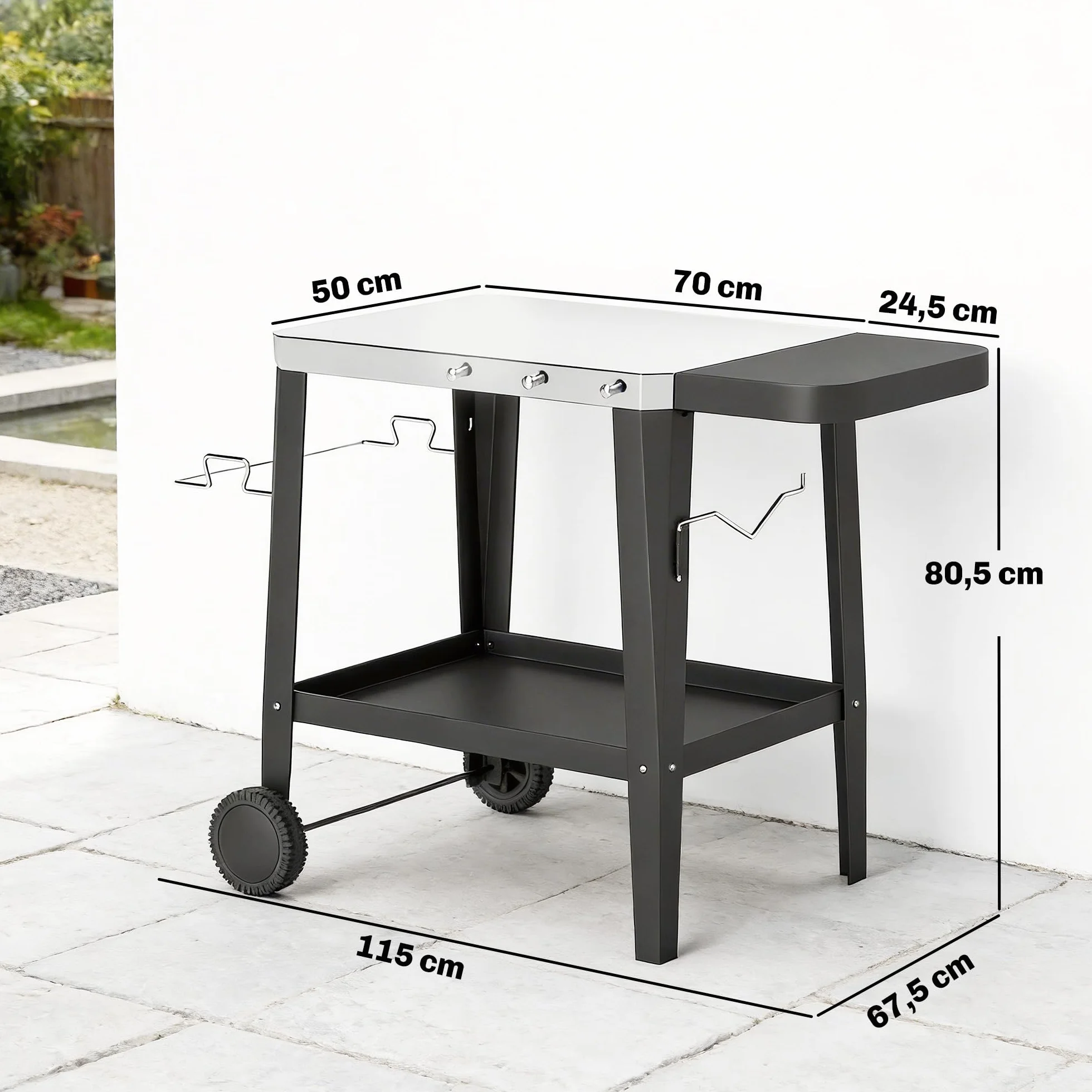Outsunny Chariot de Barbecue 2 Niveaux Mobile Acier Inoxydable Table Latérale Pliable Roulettes 115x67,5x80,5 cm Noir