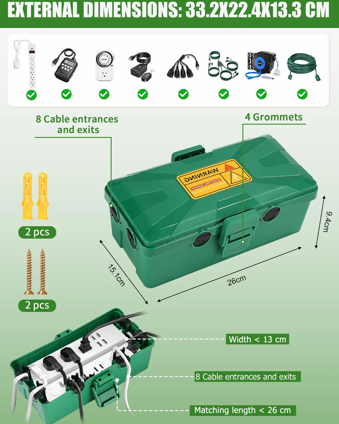 Boîte de Câble Etanche,26.1x15x9.4 CM Boite Etanche,Boite Etanche Electrique Exterieu,6 Entrée de Joint de Câble,IP54 Boite Rangement Cable,pour Timer Outlet Plug,Minuteries,Rallonges,Câbles,Vert