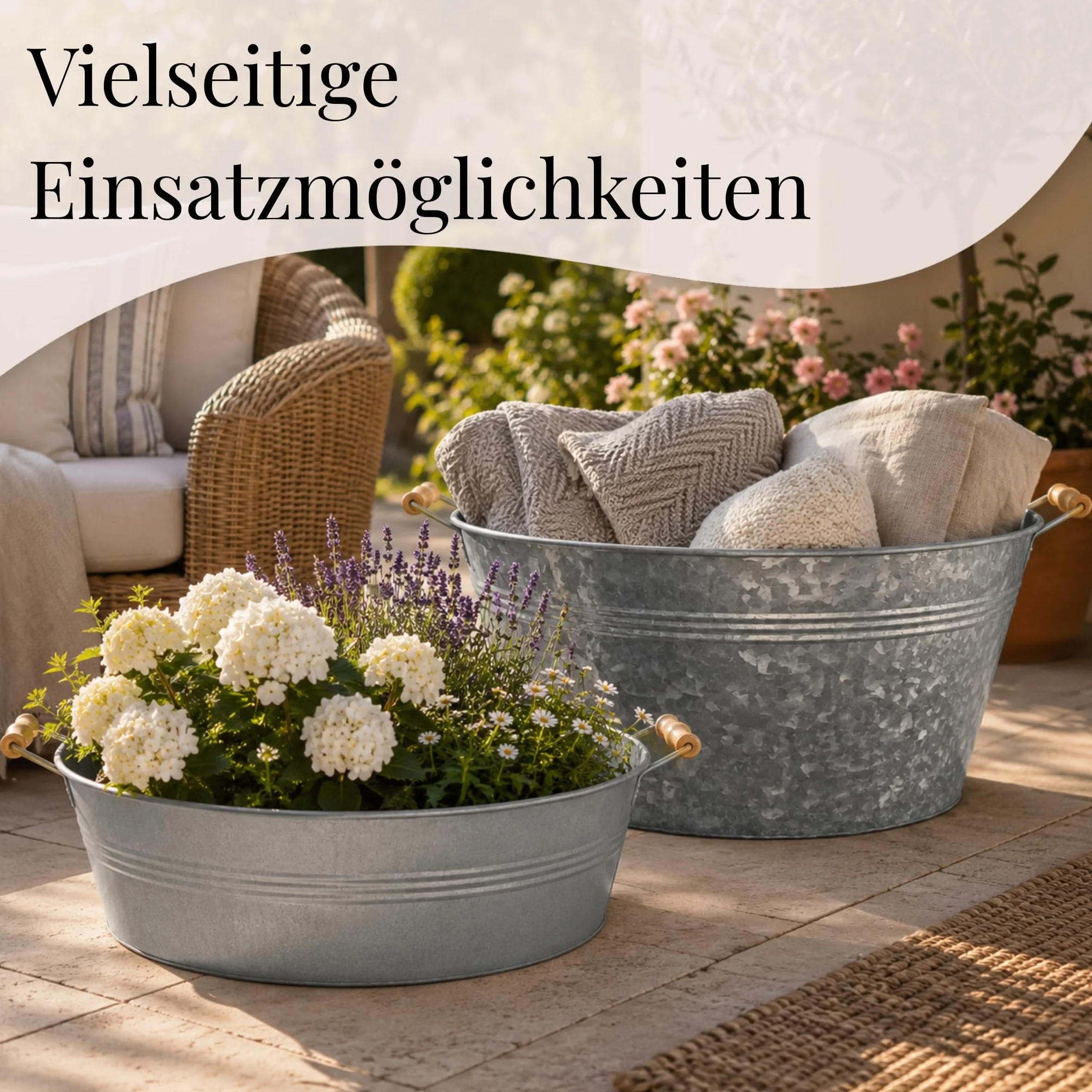 Grande cuvette en zinc avec poignées en bois 50 x 25 cm - Pot de fleurs résistant aux intempéries pour l'extérieur