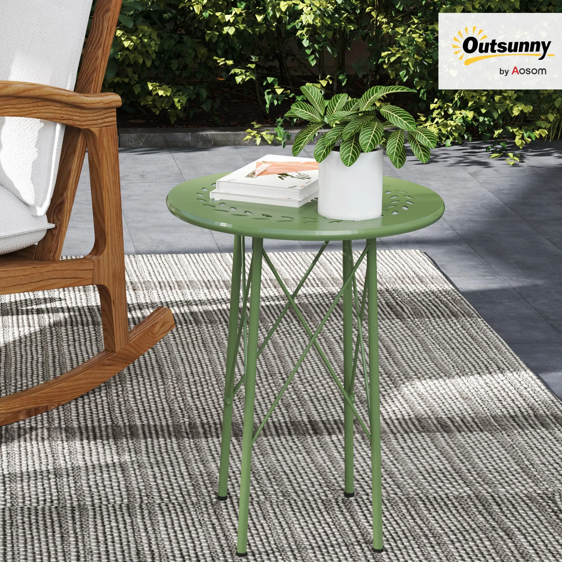 Outsunny Petite Table d'appoint Ronde de Jardin en Acier Vert avec découpe Fleur Feuilles