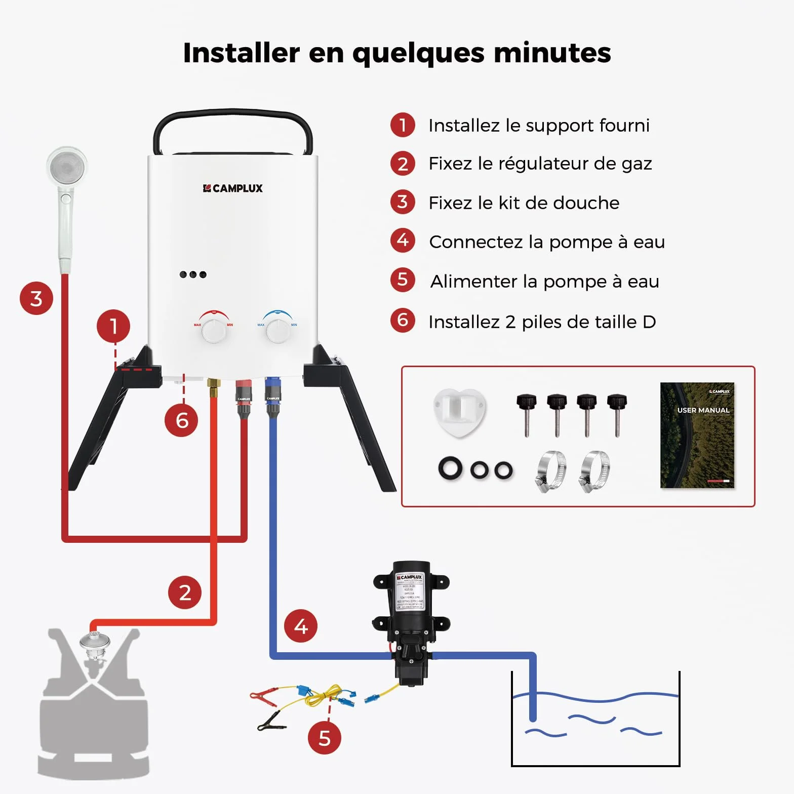 CAMPLUX AY132Max Chauffe-eau à Gaz 5 Litres Pompe à Eau Support Portatif Instantané Propane 37 mbar Butane 28-30 mbar