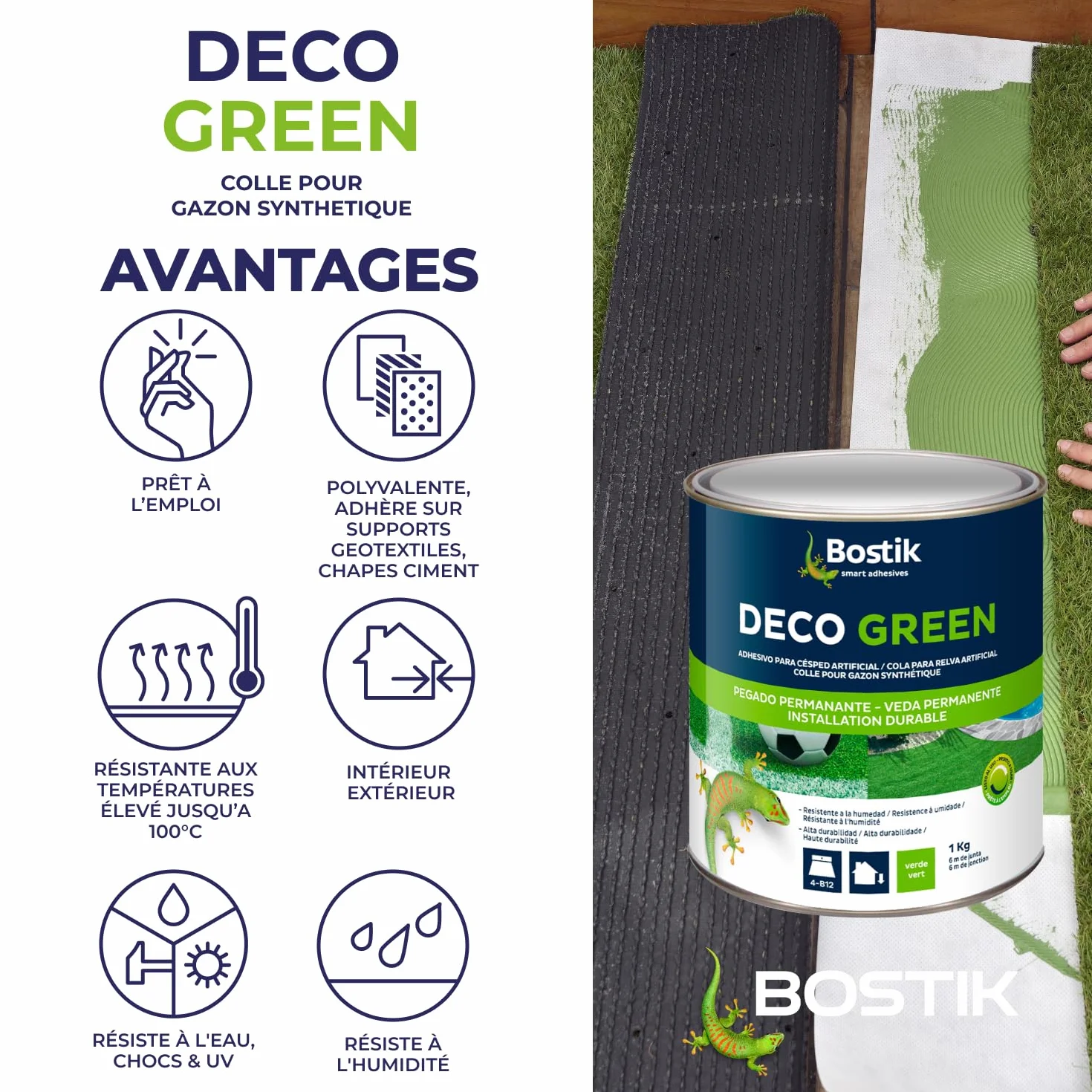 Bostik Colle Déco Green - Colle pour Gazon Synthétique Haute Durabilité – Tous Matériaux – Intérieur/Extérieur – Technologie MSP – Couleur : Vert – Fixation Discrète – Pot de 1 kg