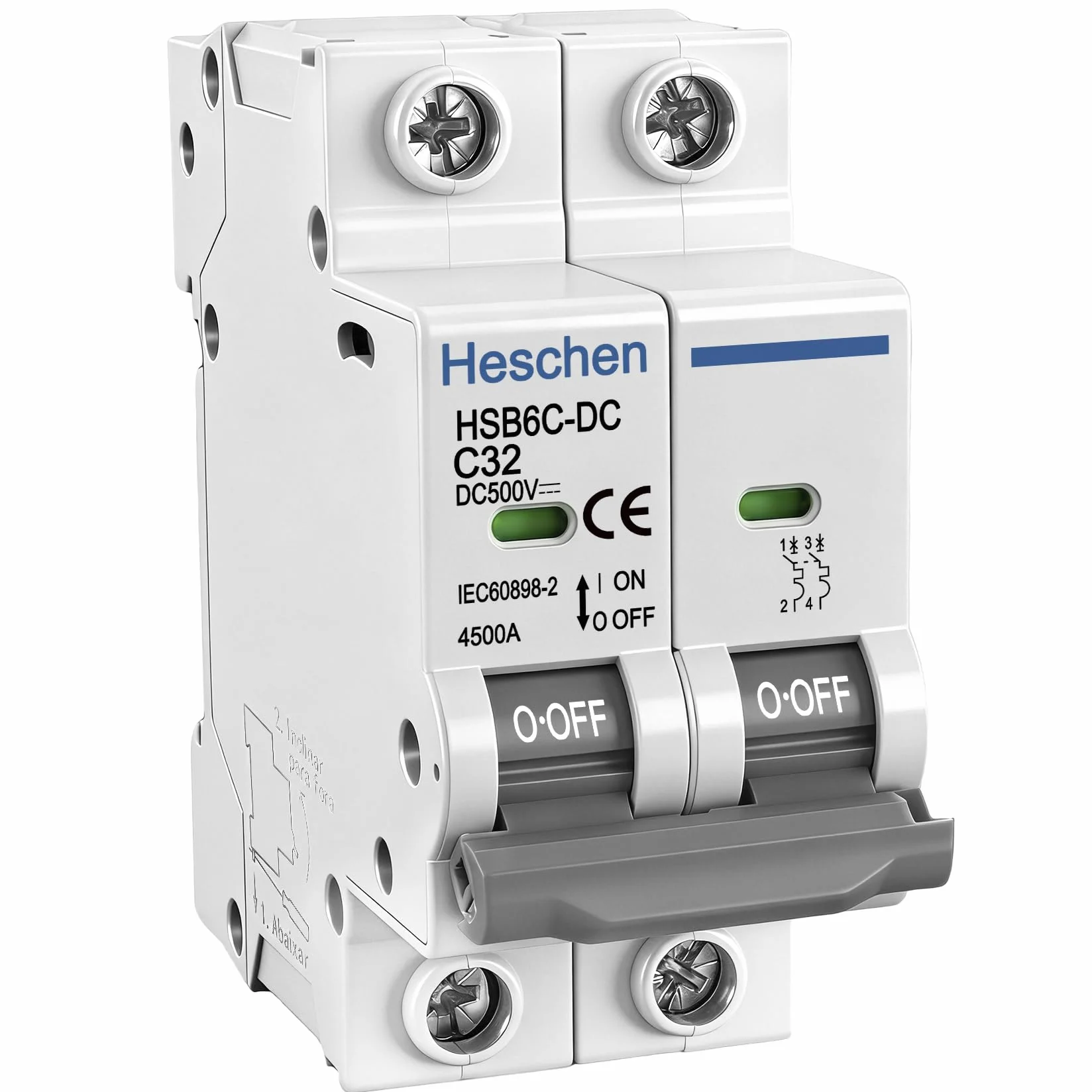 Heschen Disjoncteur miniature CC HSB6C-DC, 2 pôles, DC500 V 32 A, photovoltaïque, système solaire PV, panneau solaire, montage rail DIN 35 mm