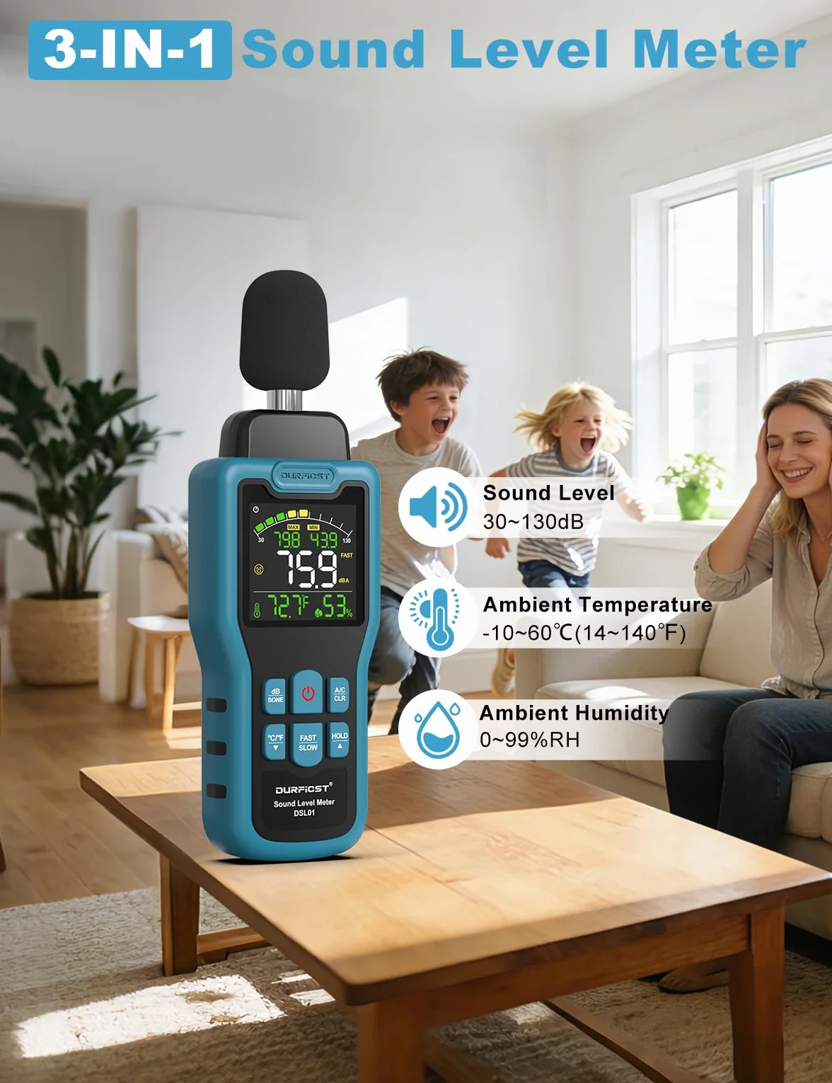 Sonomètre, DURFICST Sonometre Decibelmetre avec Mesure de la Température et de l'Humidité, Plage 30-130 dB, Décibelmètre avec Écran LCD Couleur, Pondération AC, Unité dB/SON, Réponse Rapide/Lente