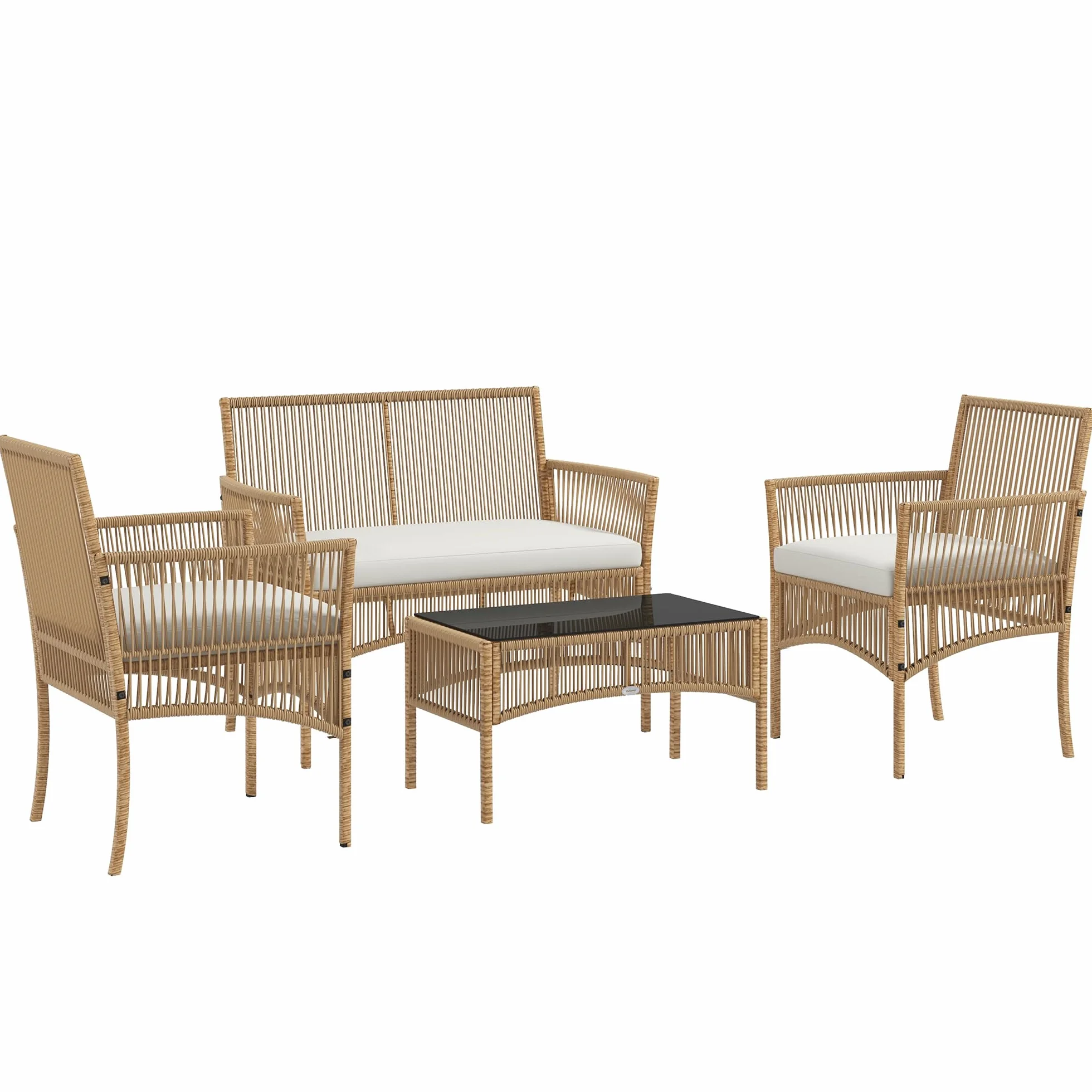 Outsunny Salon de Jardin 4 pièces Canapé 2 Places Fauteuils Table Basse Verre trempé Noir Métal Résine tressée Beige