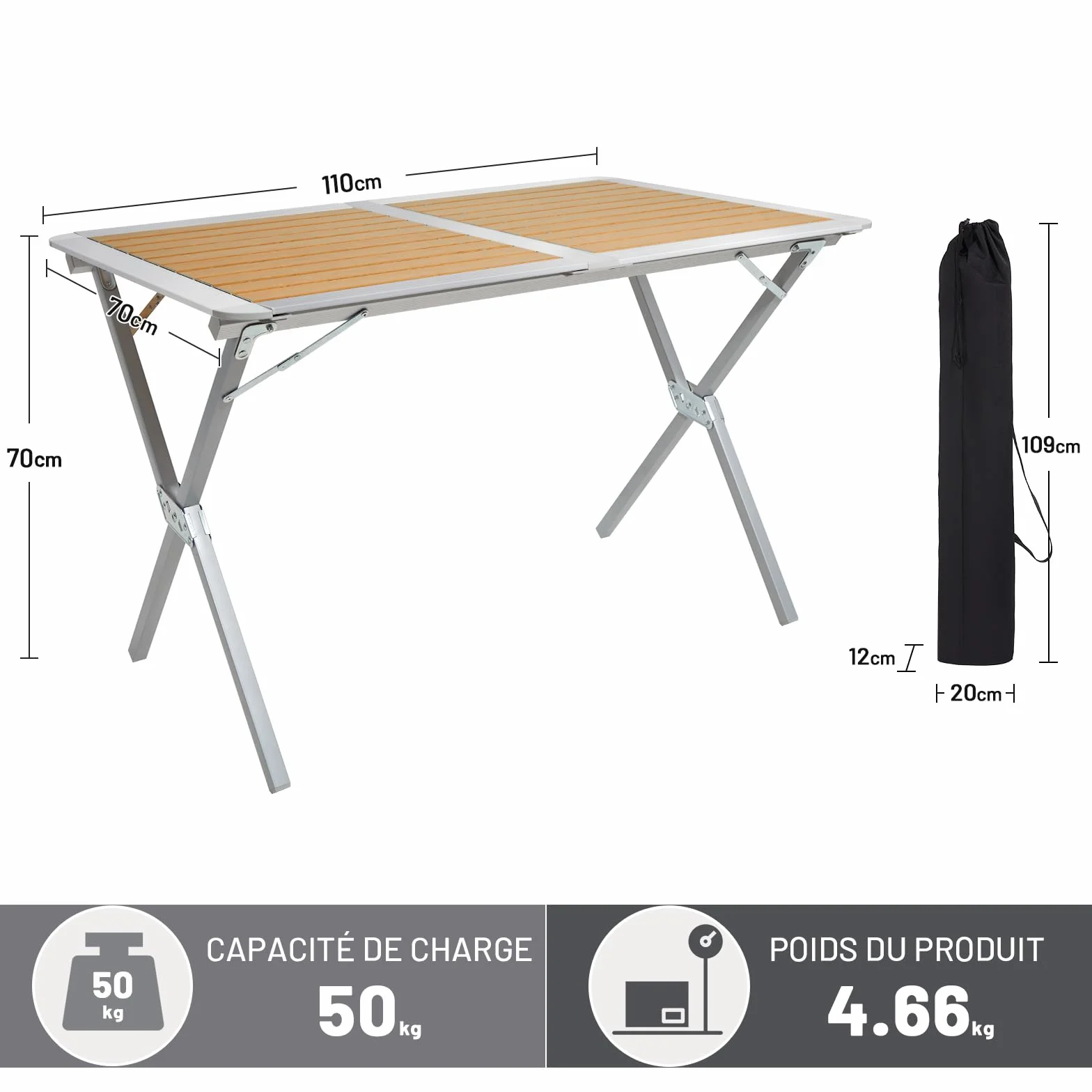 TIMBER RIDGE Table de Camping Pliante Aluminium 4-6 Personnes avec Sac de Rangement
