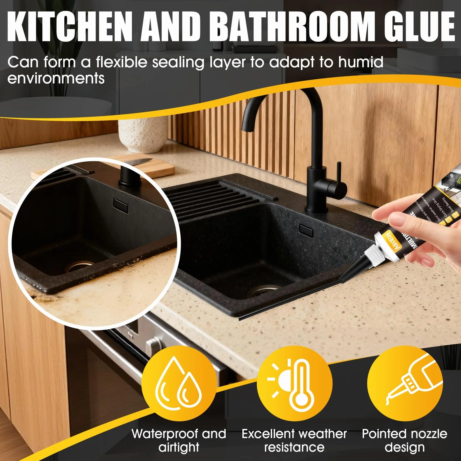 Silicone Noir Salle de Bain, Silicone Noir, Joint silicone, Mastic d'Étanchéité Imperméable Avec Raclette et Embout,Convient pour l'Étanchéité des Éviers,Plans de Travail et Baignoires,100 ml