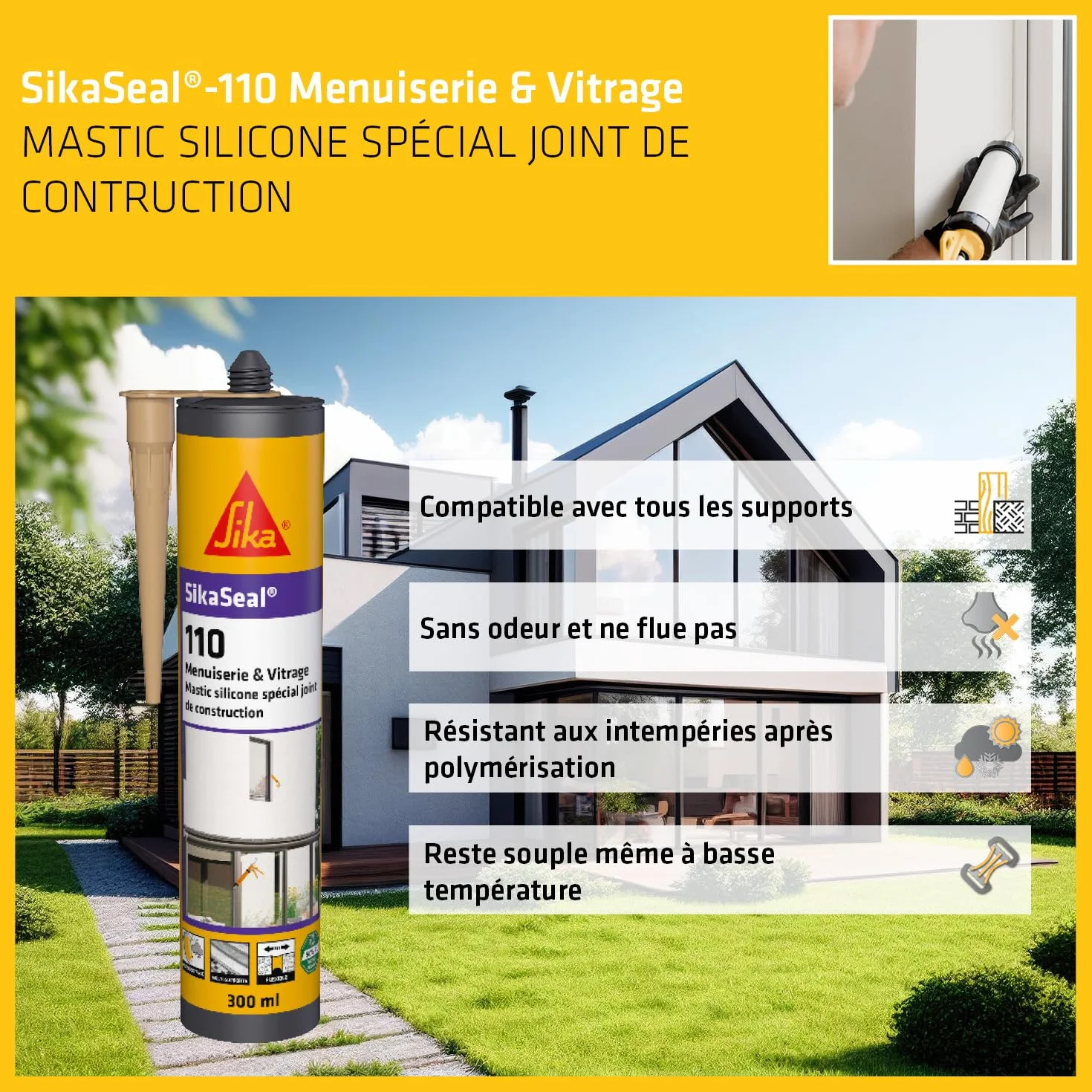 SIKA - Mastic silicone de construction - SikaSeal-110 Menuiserie & Vitrage beige pierre - Joint de menuiserie/vitrage - Extérieur/intérieur - 300 ml