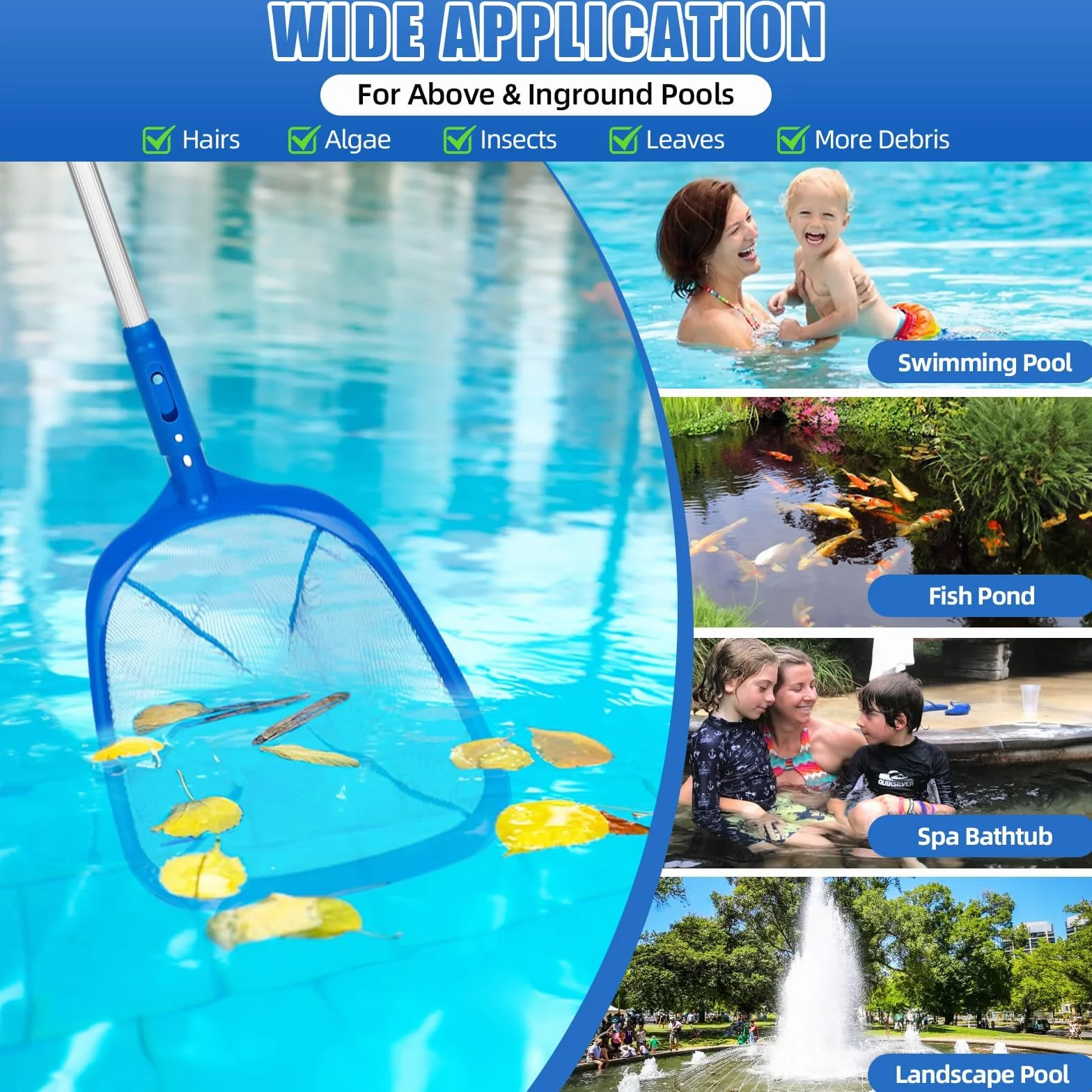 USHOP Épuisettes de Surface pour Piscine 187cm Filets de Fond Piscine Outil Nettoyage Étang