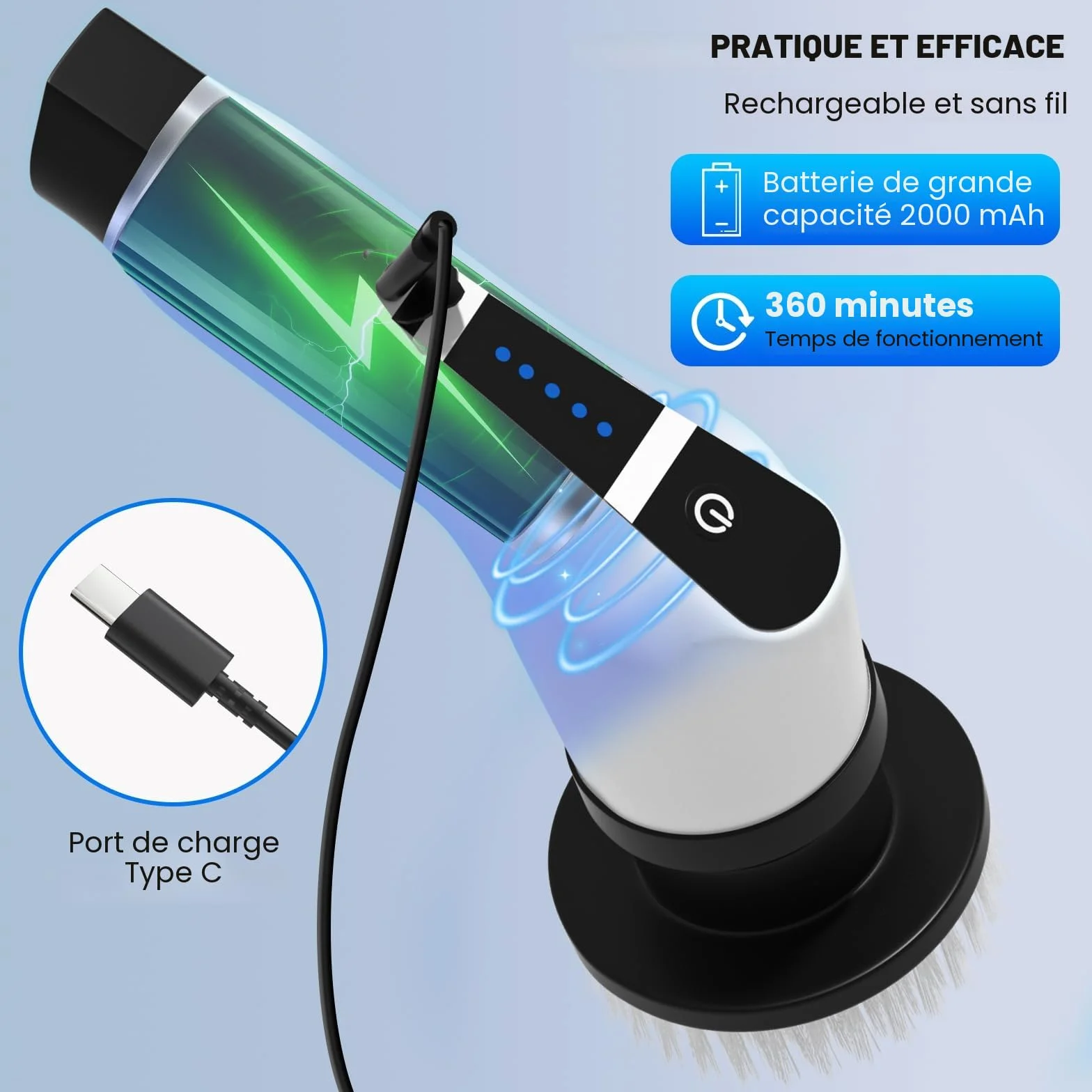 Brosse Rotative Nettoyage Electrique,avec 9 Têtes Interchangeables,Manche Télescopique Ajustable,Rechargeable Brosse Nettoyage Salle de Bainpour La Salle De Bain,La Cuisine,La Voiture,Le Sol