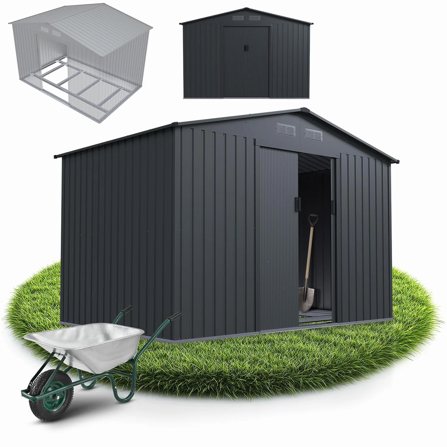 Juskys abri métallique XL gris foncé résistant aux intempéries avec cadre de fondation porte coulissante verrouillable