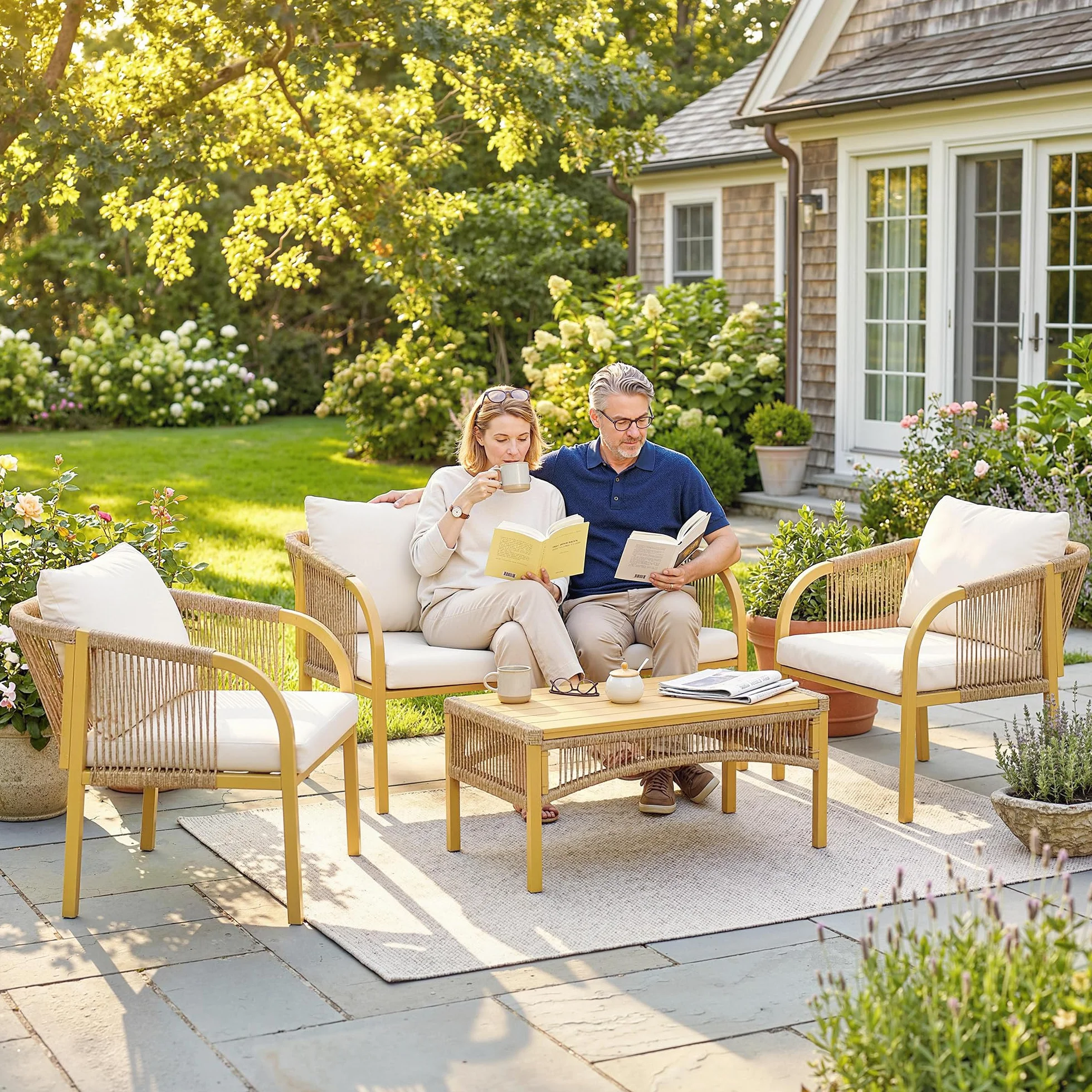 Outsunny Salon de Jardin Extérieur Résine Tressée 4 Pièces Canapé 2 Places Fauteuils Table Basse Coussins Déhoussables Plateau Acier Kaki