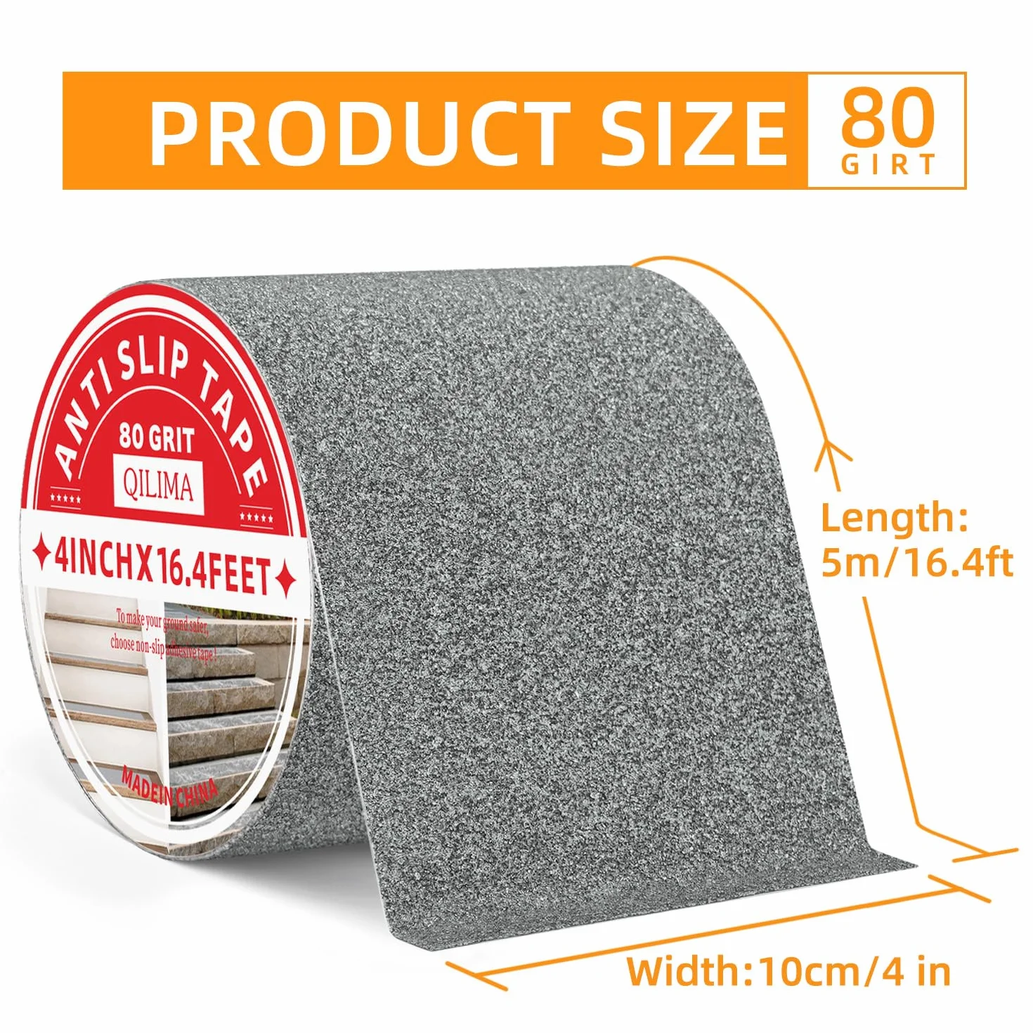 QILIMA Ruban Antidérapant Gris 10cm x 5m, Bande de Préhension à Texture Améliorée, Ruban Adhésif Imperméable à Haute Traction pour Sécurité des Marches d'Escalier, Intérieur et Extérieur