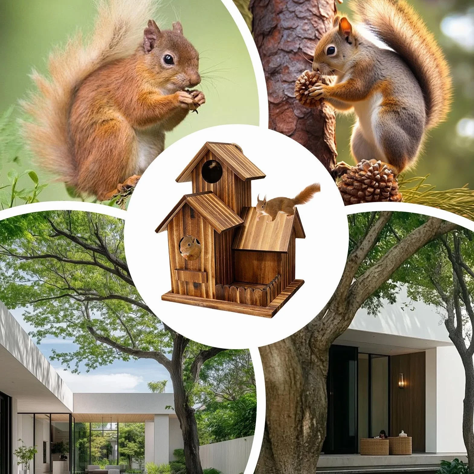 Eichhörnchen-Futterstation Drei-Kammer-Design Holz Futterhaus Streifenhörnchen Feeder mit Flexiblem Dach Wetterfestes Natur-Echtholz Haus