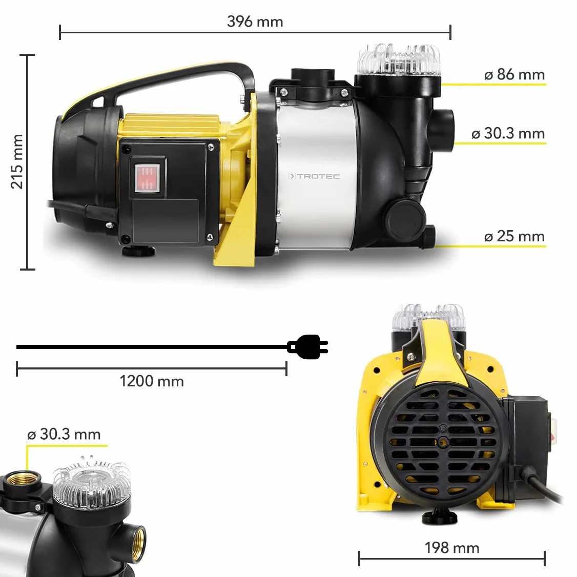 TROTEC Pompe de jardin TGP 1005 ESF - débit 3500 l/h, 1000 W - pression de refoulement 4,2 bar, hauteur de refoulement 42 m, hauteur d'aspiration 7 m, pompe à eau pour fûts et récupérateurs