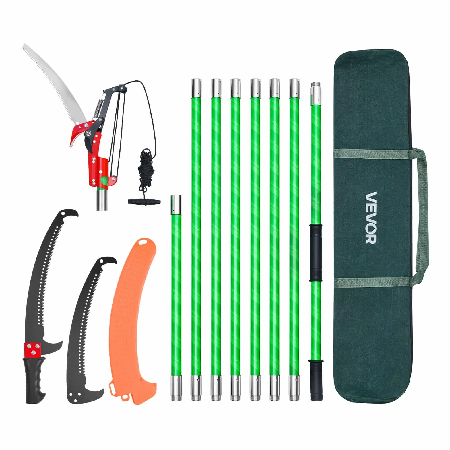 VEVOR Scie à Élaguer Extensible, 2,15-8,09 m, Scie sur Perche Manuelle, Lame Acier Tranchante, avec Ciseaux, 8 Perches Fibre de Verre, Outil Élagage pour Tailler Branches Hautes, Palmiers, Arbustes